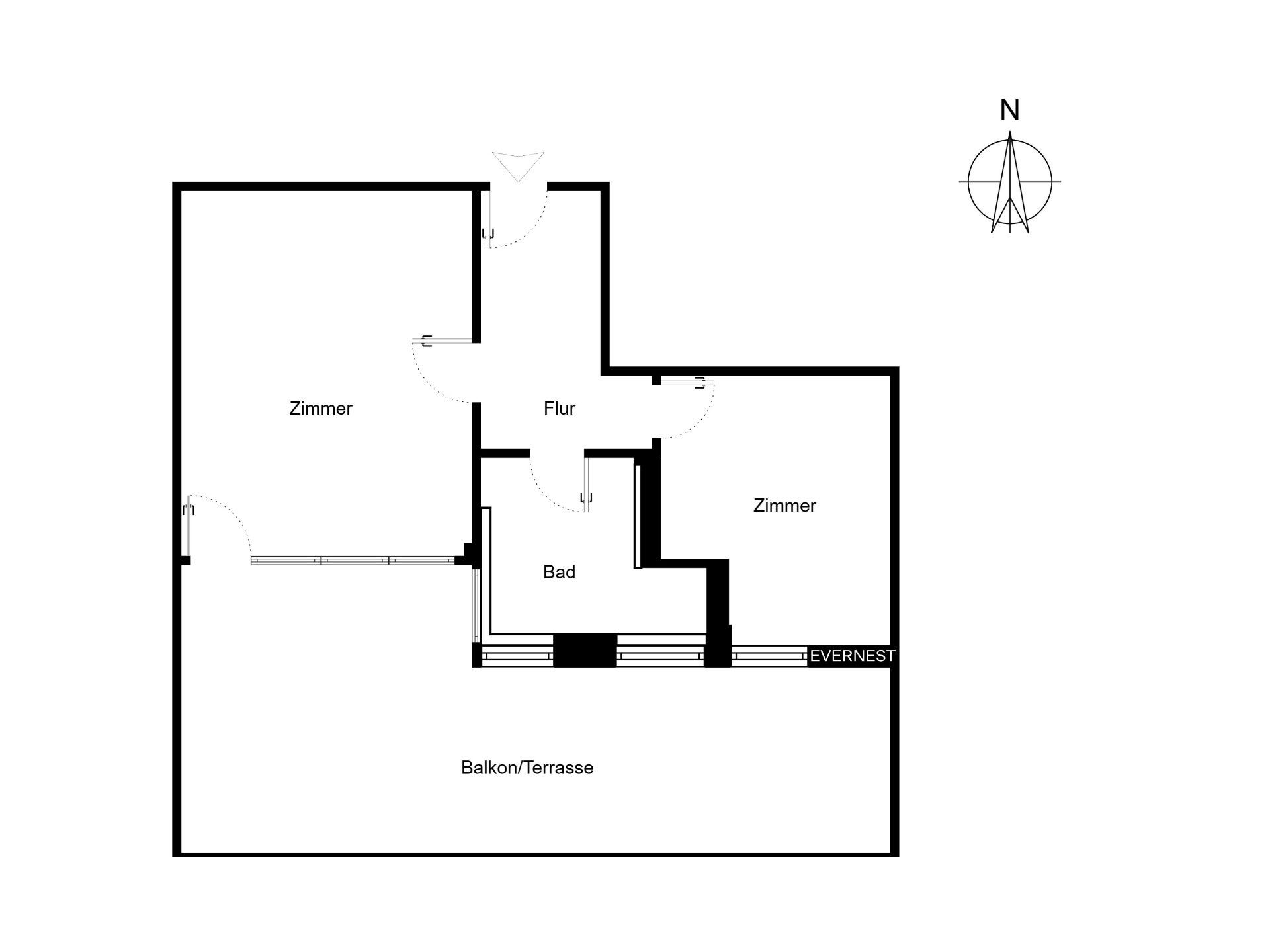 Grundriss mit zwei Zimmern, Flur, Bad und großem Balkon oder Terrasse.