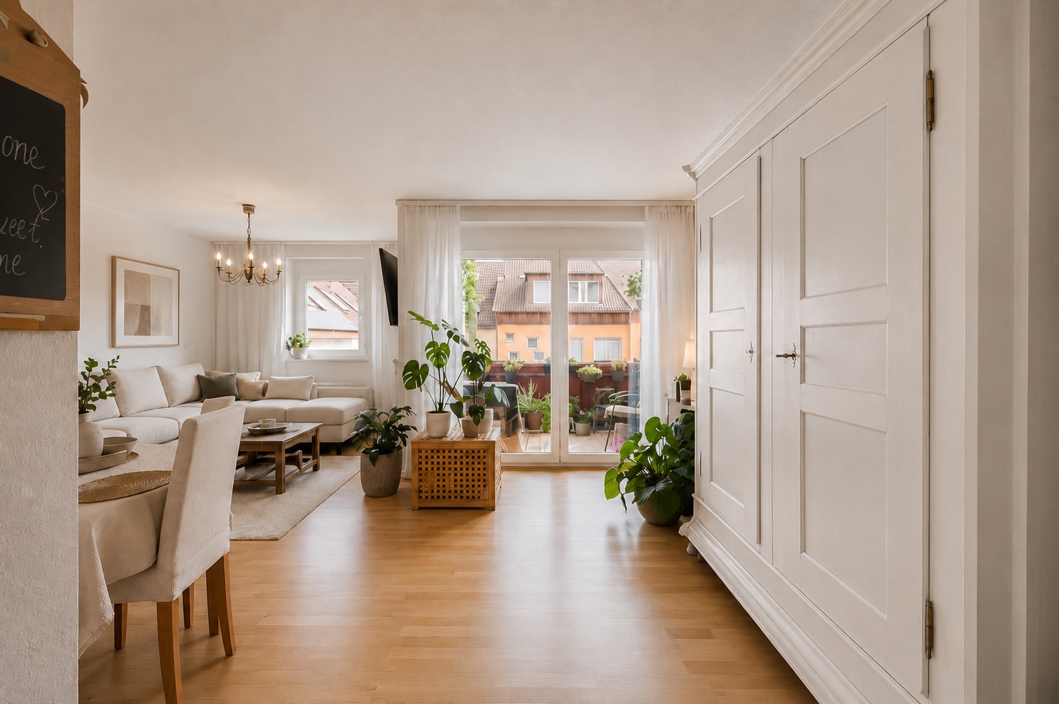 Helles Wohnzimmer mit Sofa, Esstisch, Pflanzen und Zugang zum Balkon.