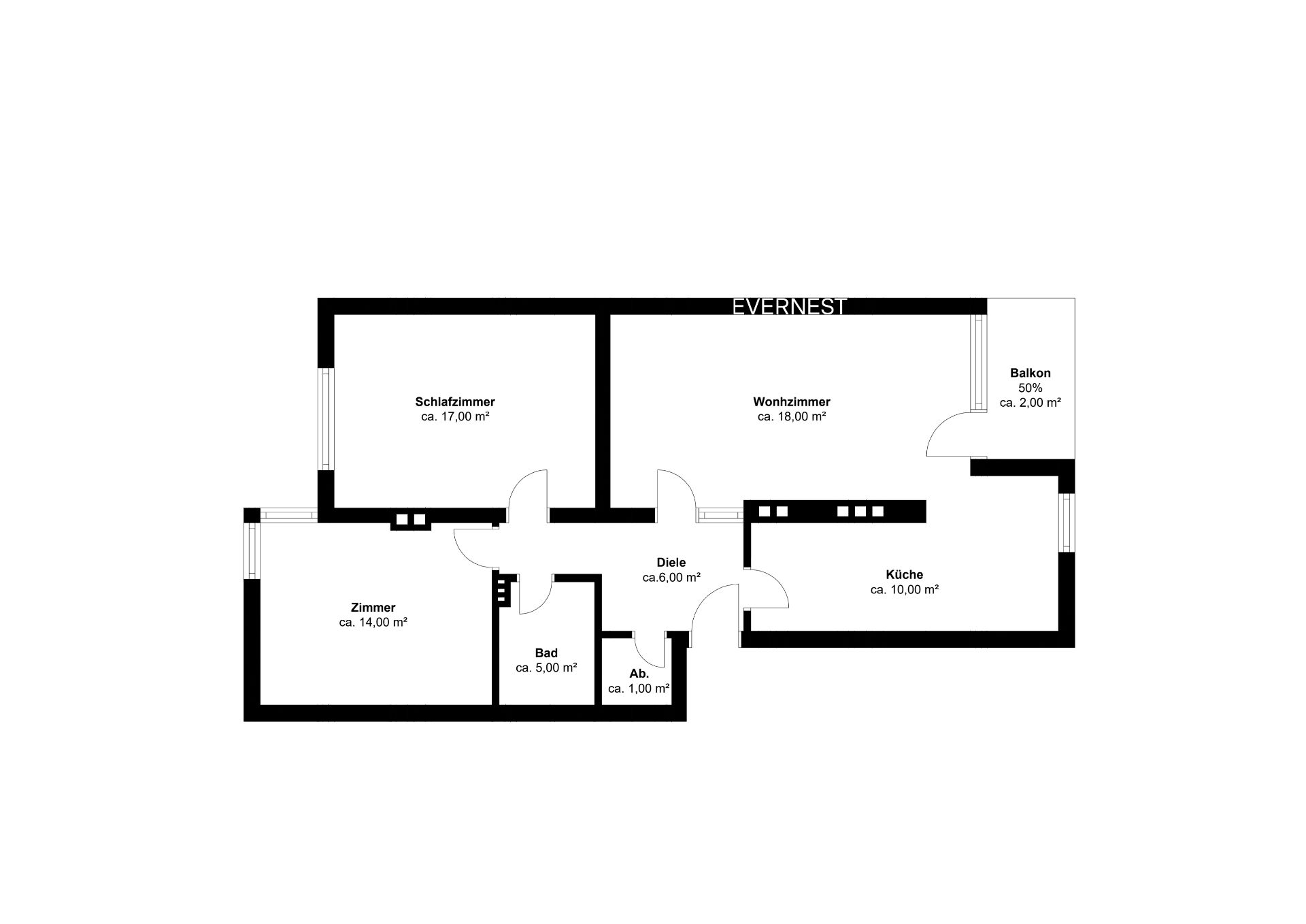 Grundriss einer Wohnung mit Schlafzimmer, Wohnzimmer, Küche, Bad, Zimmer und Balkon.