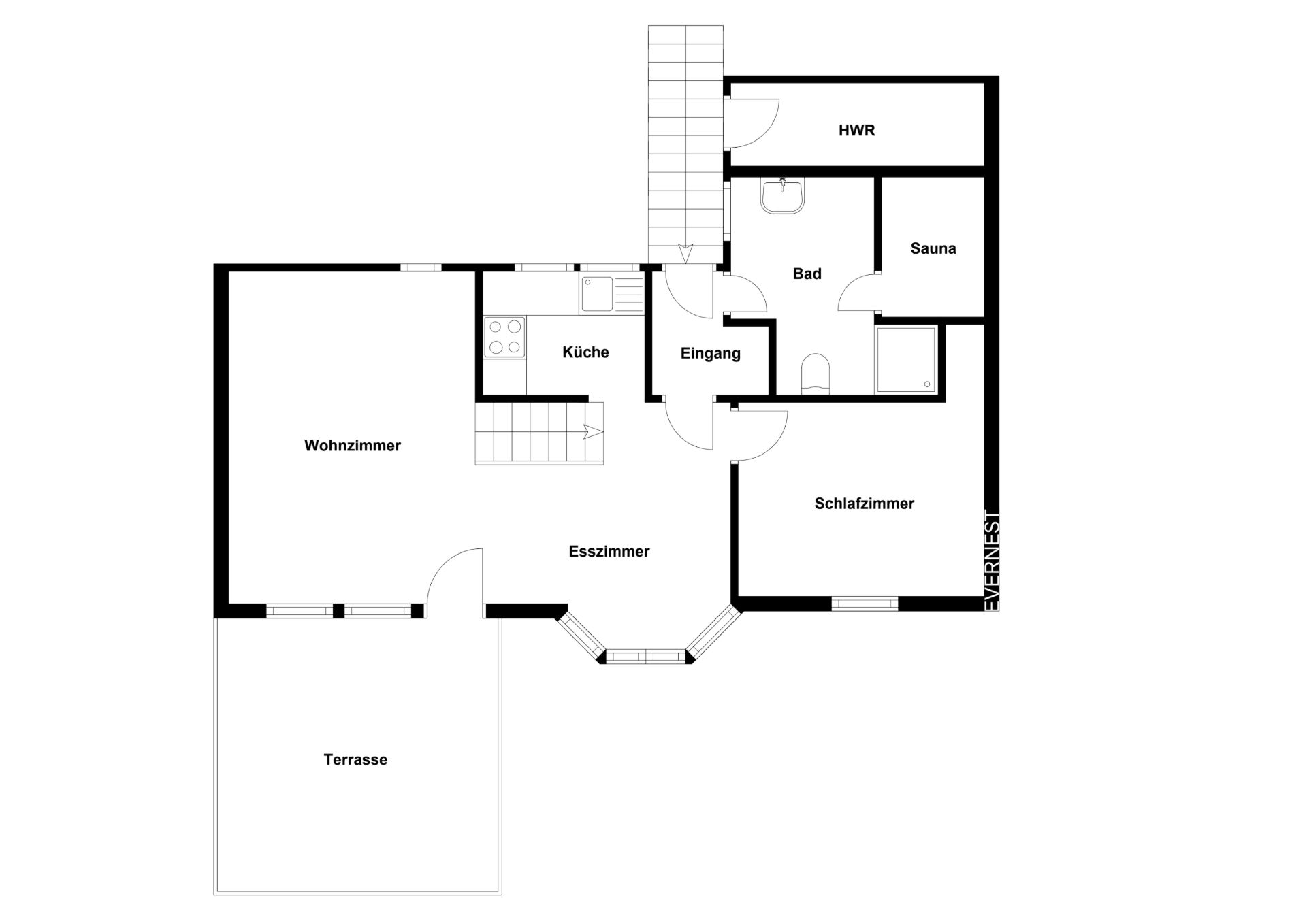 Grundriss mit Wohnzimmer, Esszimmer, Küche, Schlafzimmer, Bad, Sauna, HWR und Terrasse.