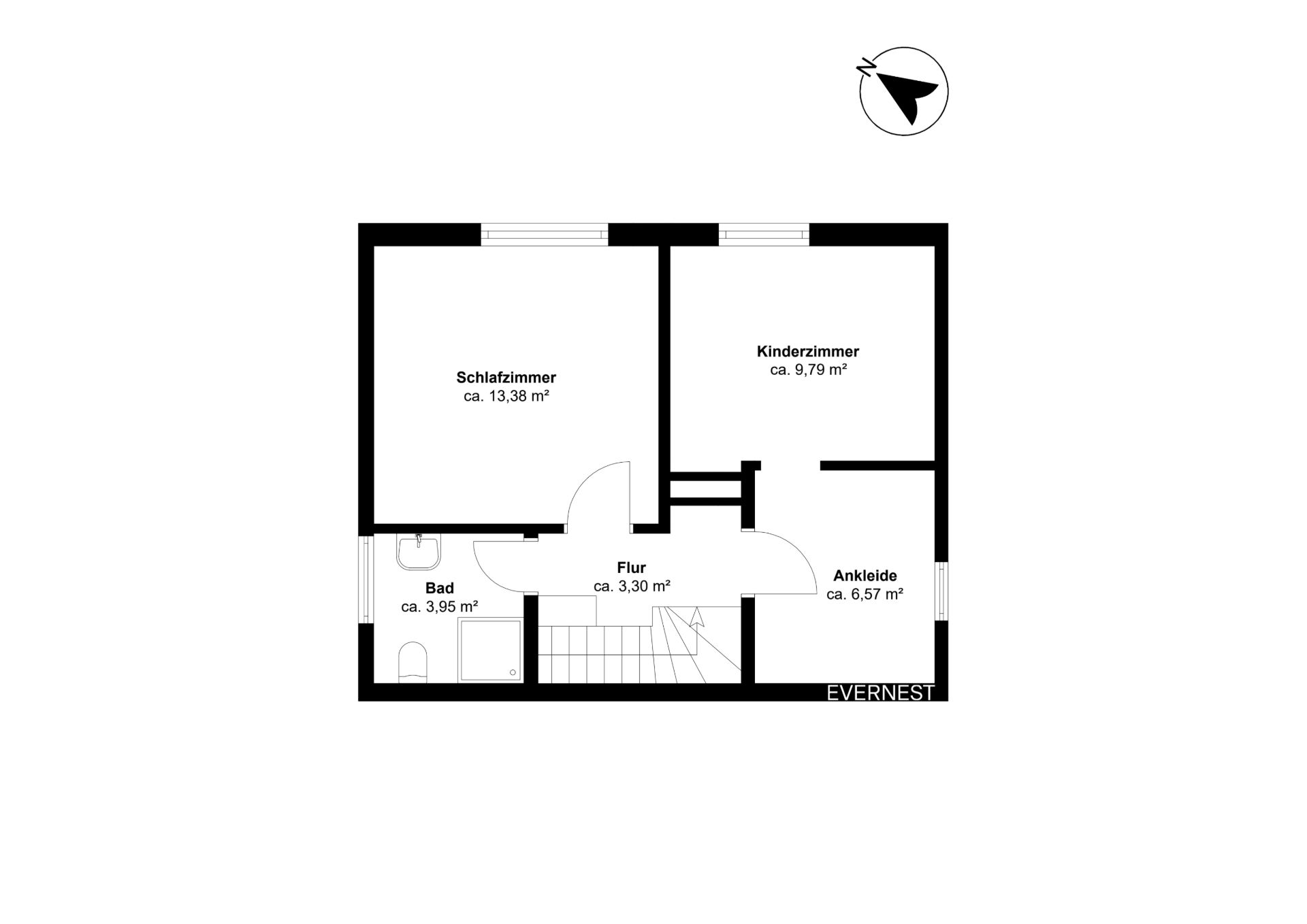 Grundriss mit Schlafzimmer, Kinderzimmer, Bad, Flur und Ankleide.