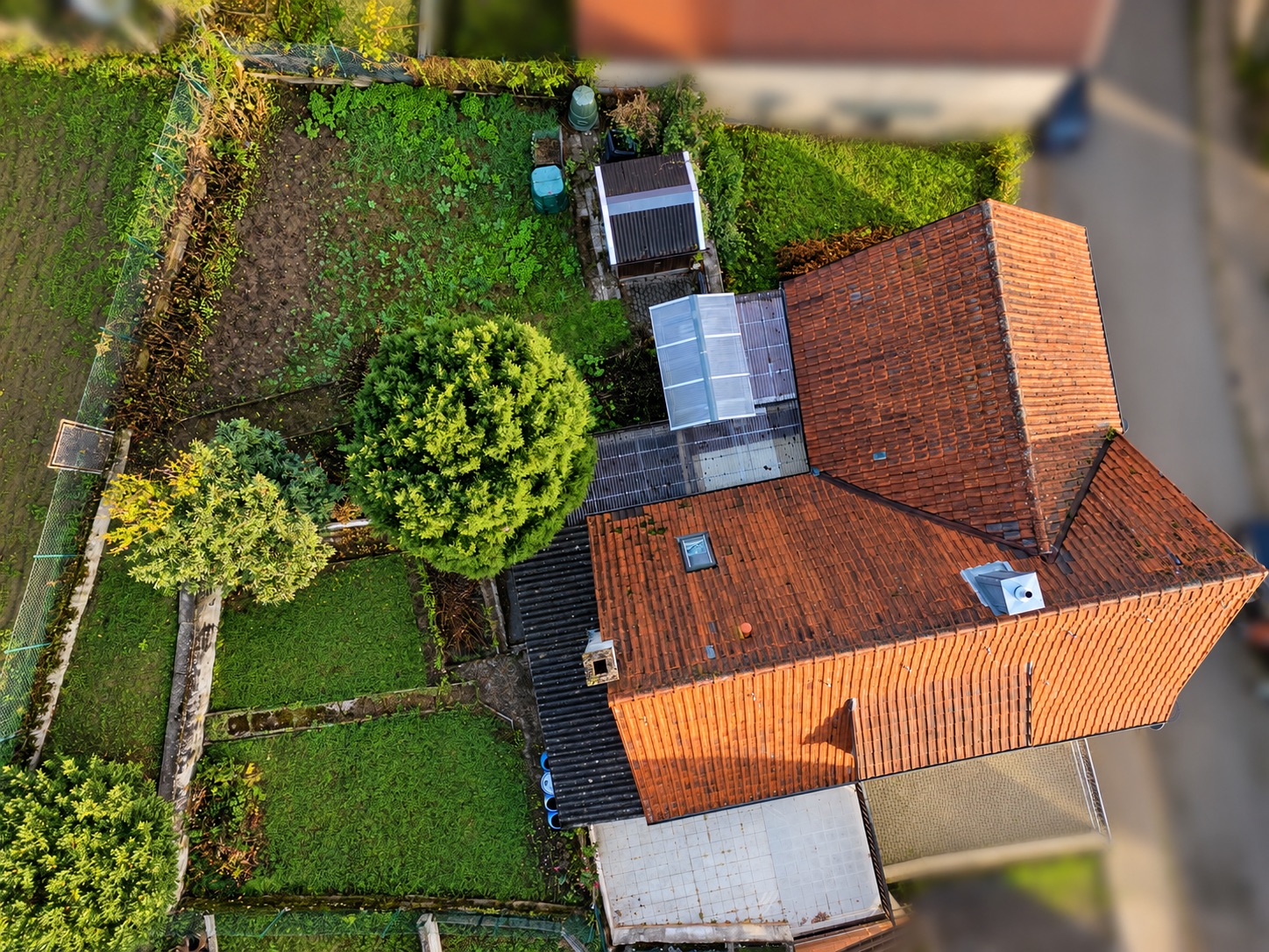 Luftaufnahme eines Hauses mit rotem Dach und Garten mit Bäumen und Beeten.
