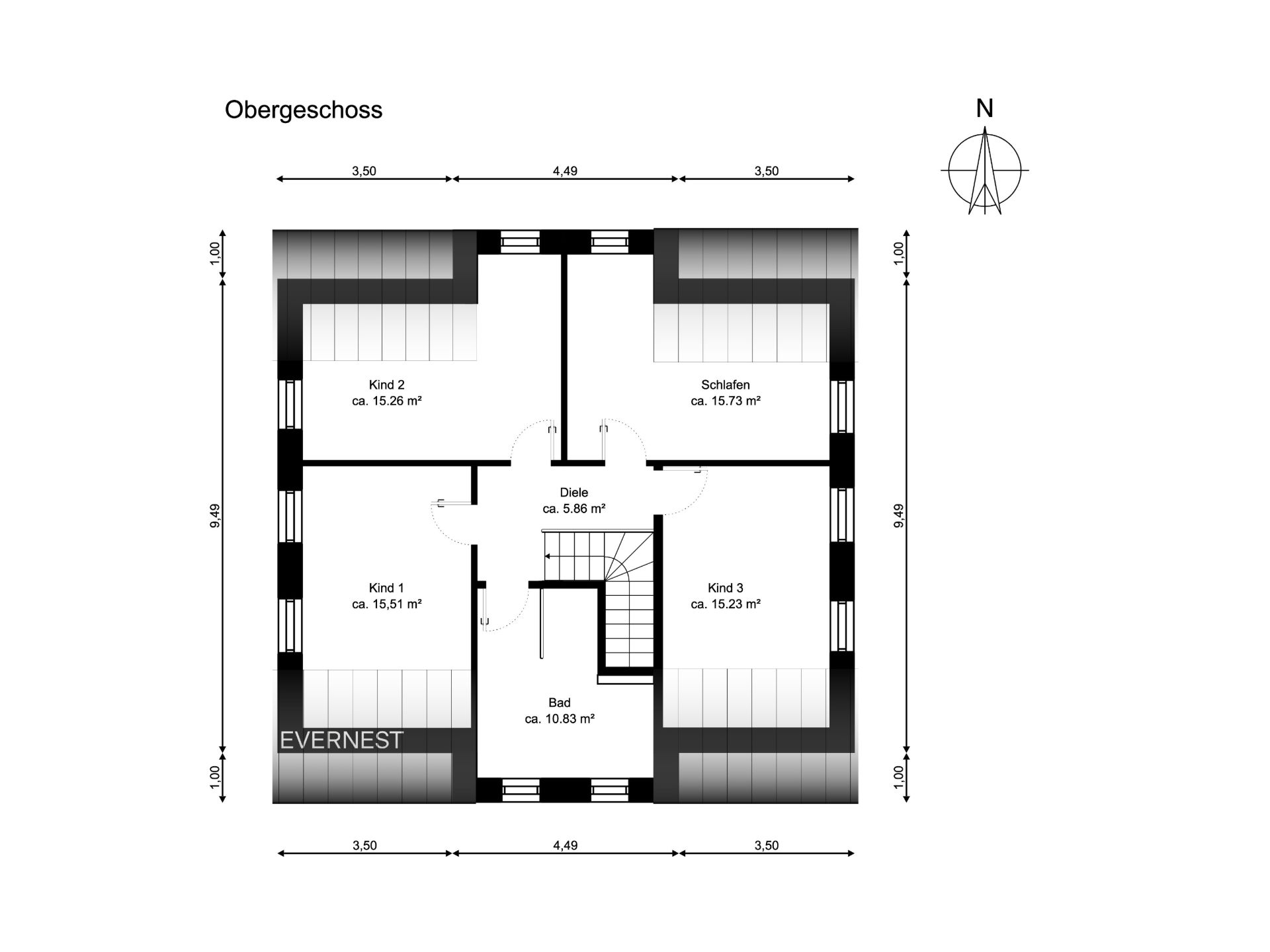 Grundriss des Obergeschosses mit drei Kinderzimmern, Schlafzimmer, Bad und Diele.