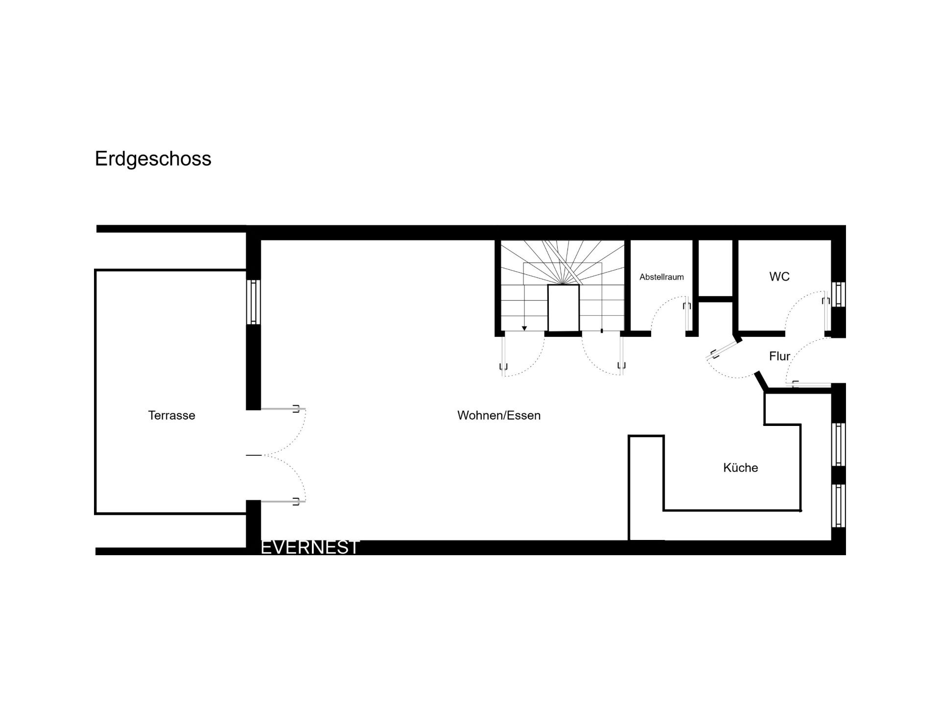 Grundriss des Erdgeschosses mit Terrasse, Wohn-Essbereich, Küche, Abstellraum und WC.