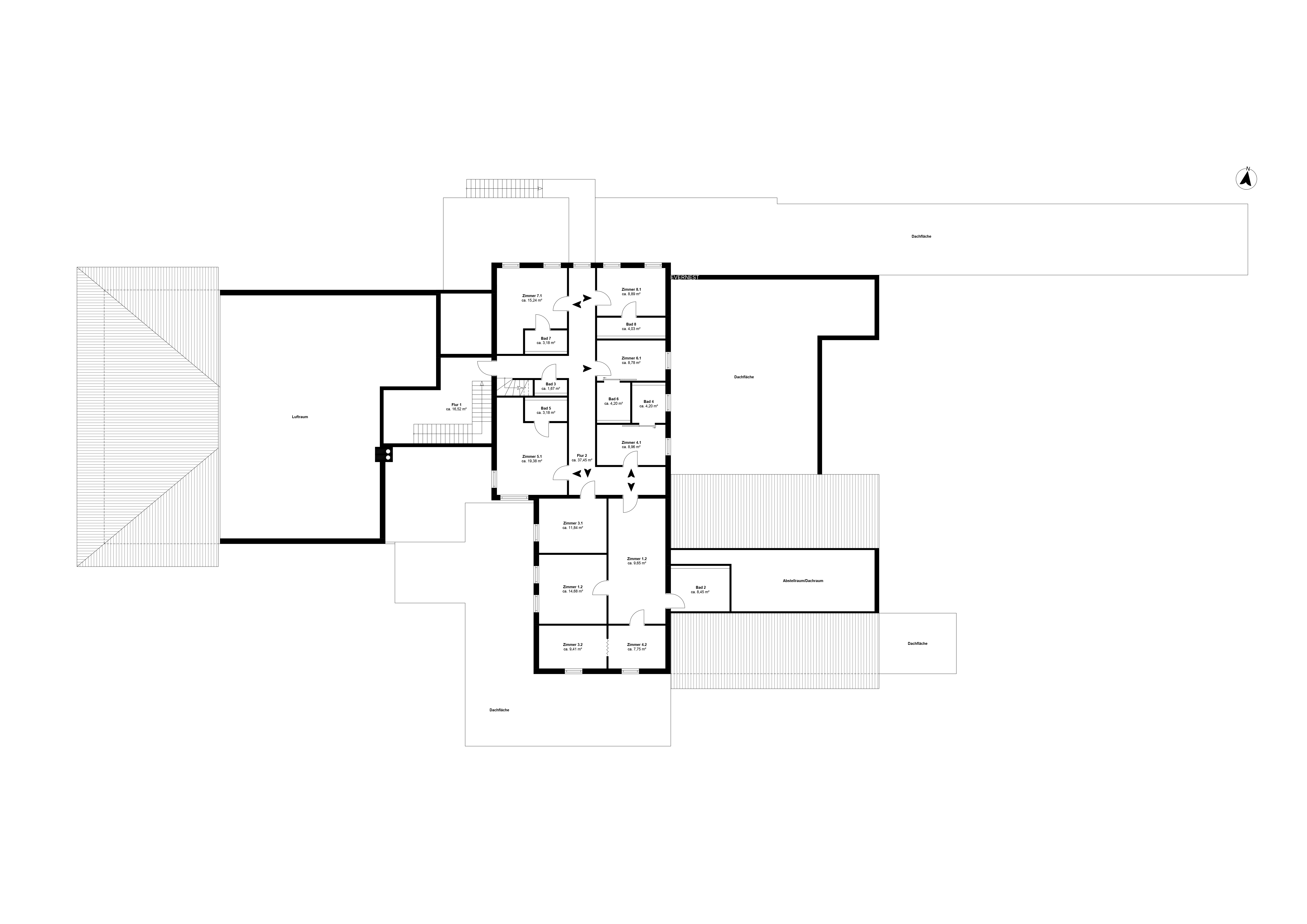 Grundriss eines Wohnhauses mit mehreren Zimmern, Fluren und markierten Bereichen.