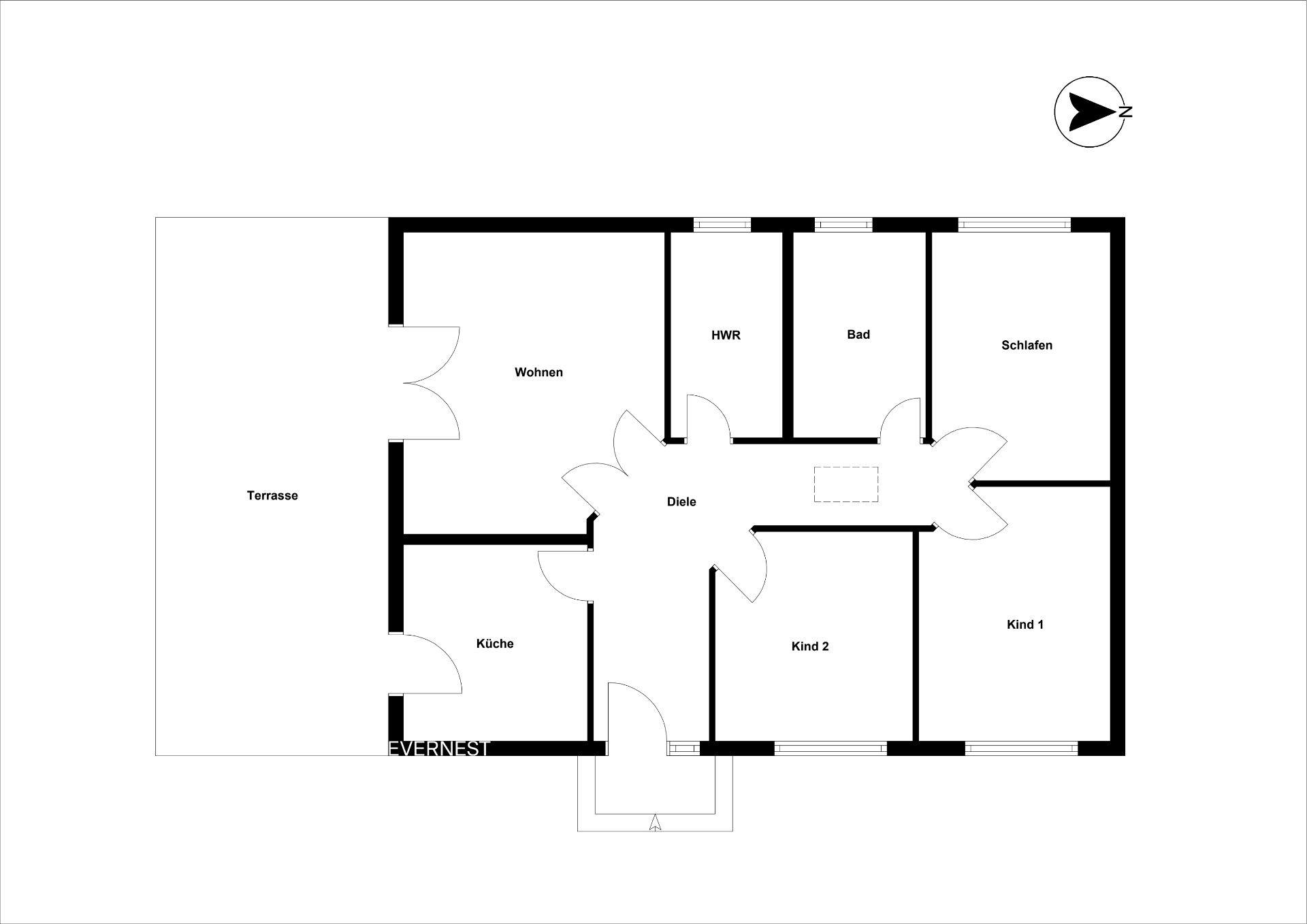 Grundriss einer Wohnung mit Terrasse, Wohnzimmer, Küche, Bad, Schlafzimmer und zwei Kinderzimmern.