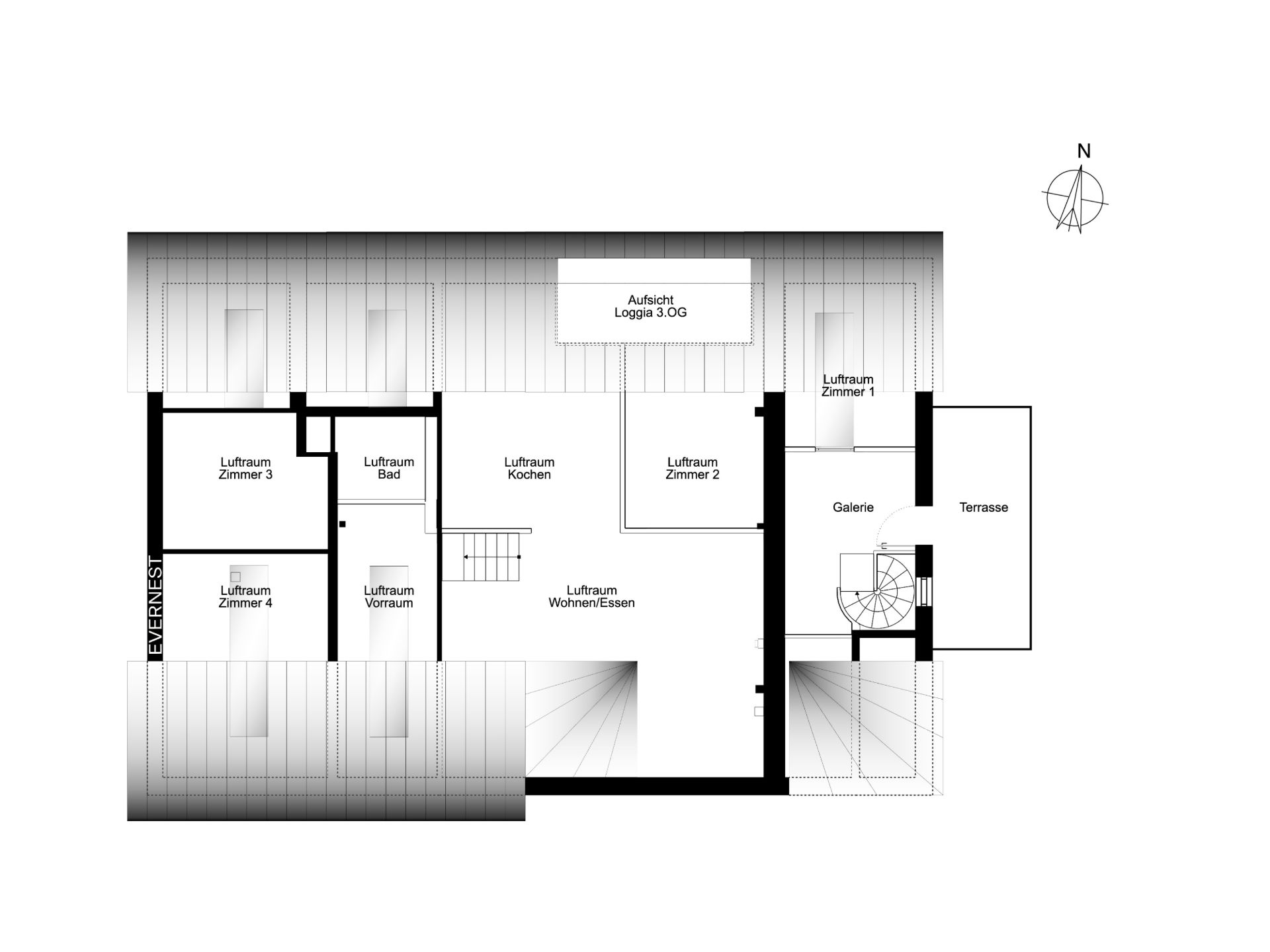 Grundriss einer Wohnung mit vier Zimmern, Küche, Bad, Wohnbereich, Terrasse und Galerie.