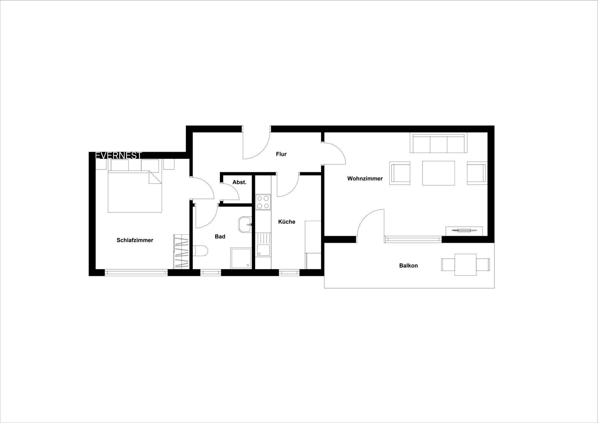 Wohnungsgrundriss mit Schlafzimmer, Wohnzimmer, Küche, Bad, Abstellraum, Flur und Balkon.