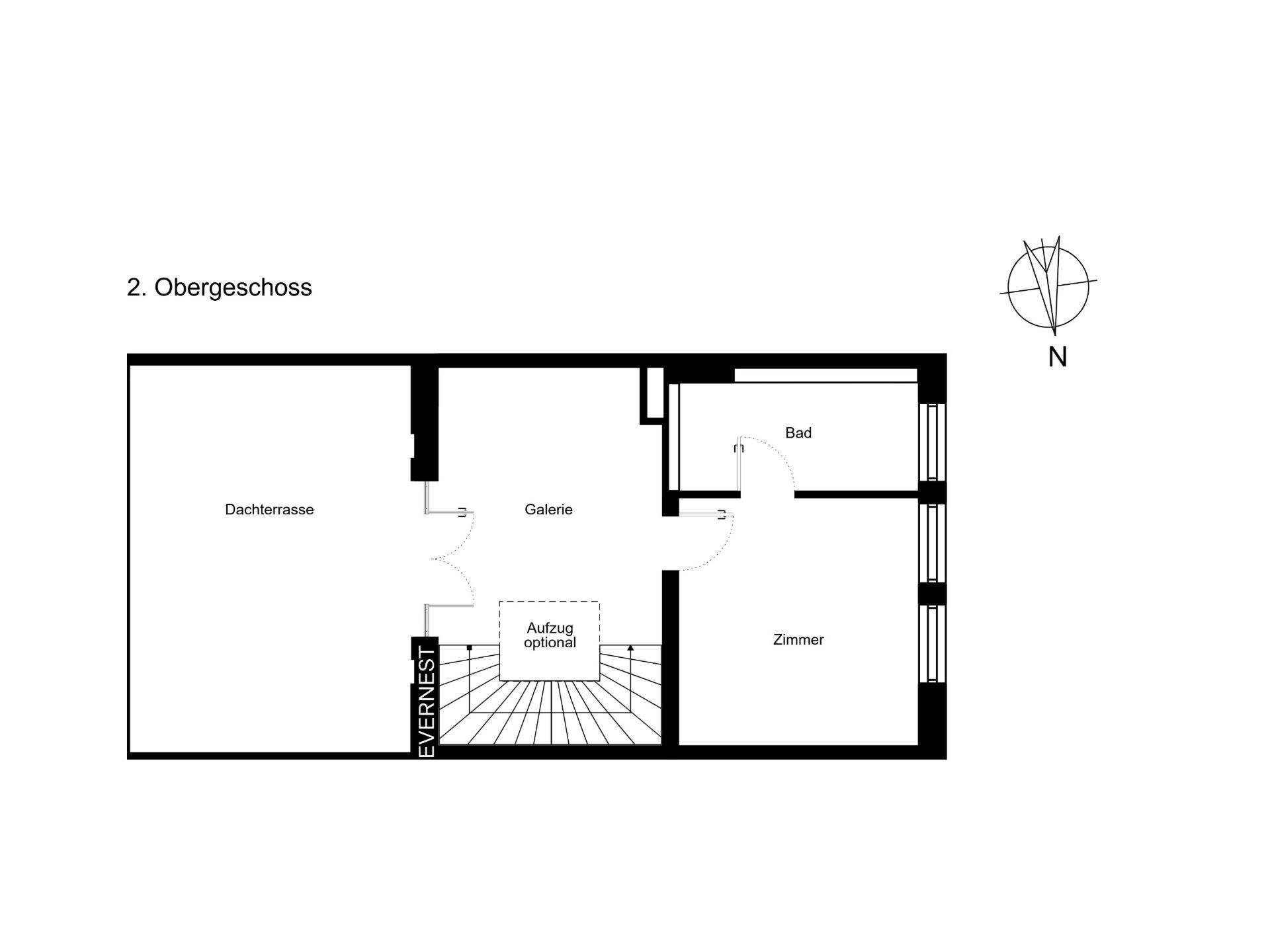 Grundriss des 2. Obergeschosses mit Dachterrasse, Galerie, Bad und Zimmer.