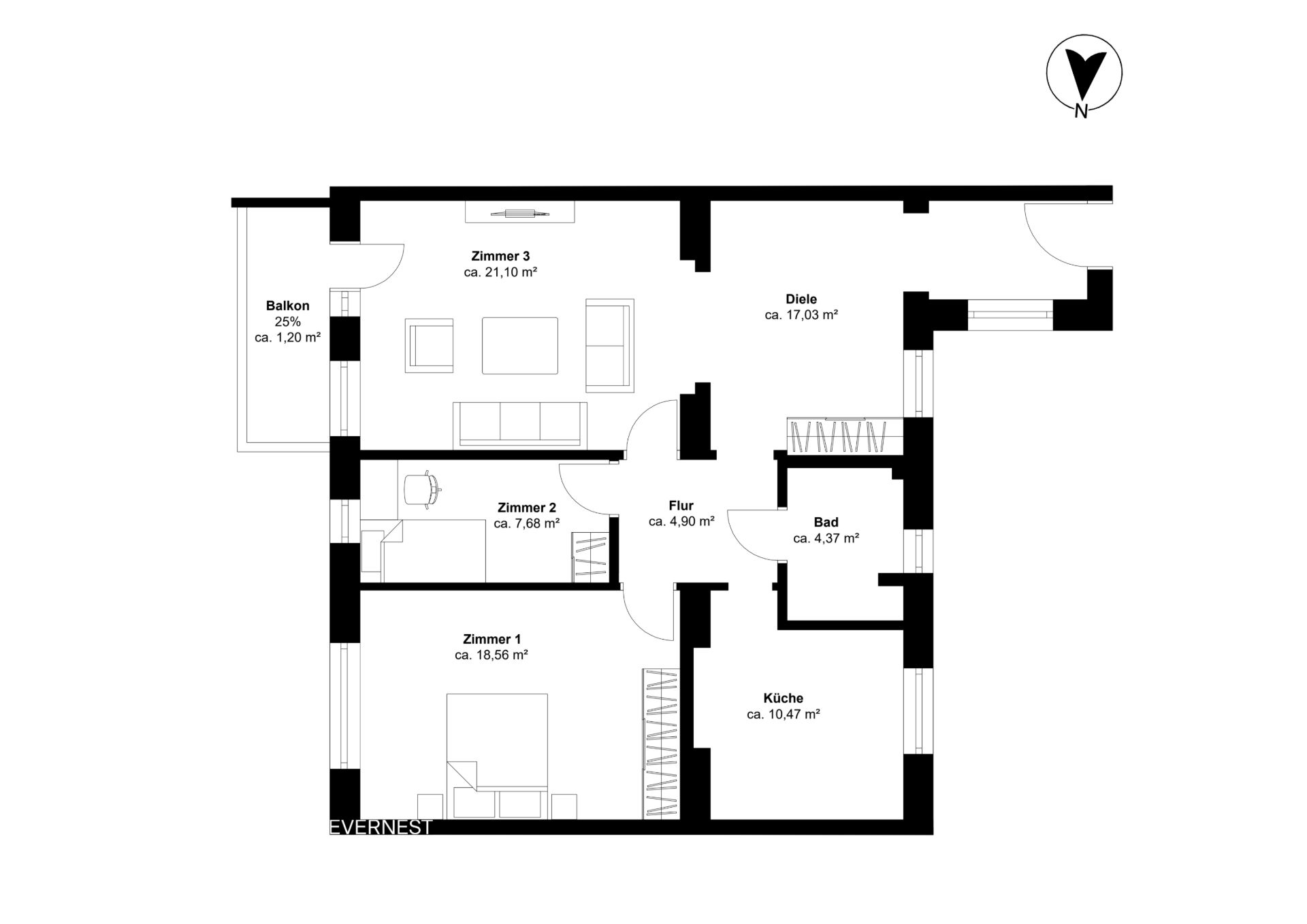 Grundriss mit drei Zimmern, Küche, Bad, Diele, Flur und Balkon.