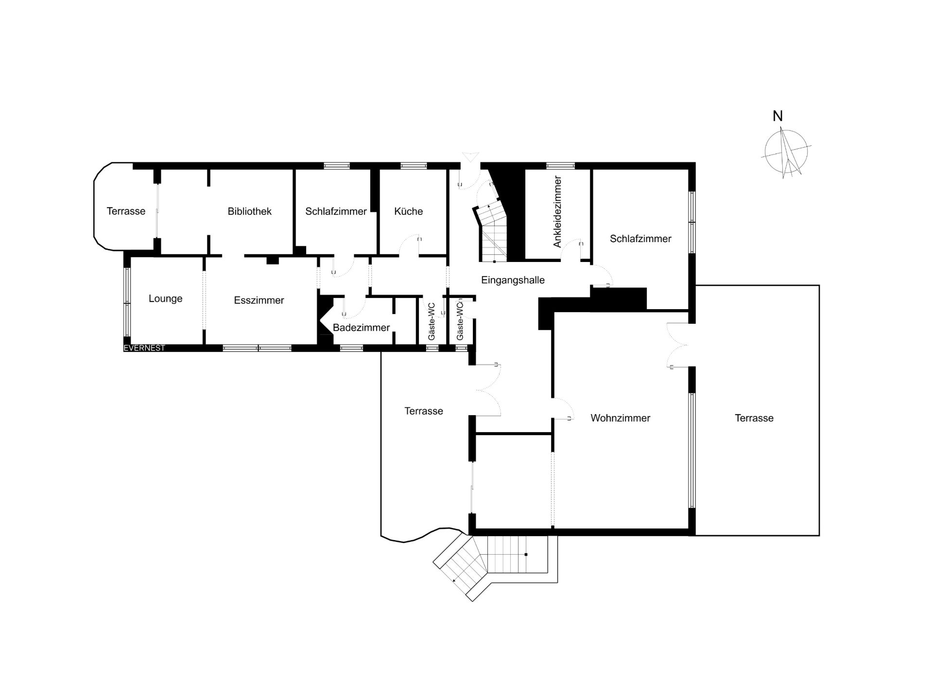 Grundriss eines Wohnhauses mit Bibliothek, Schlafzimmern, Wohnzimmer, Küche, Bädern und mehreren Terrassen.