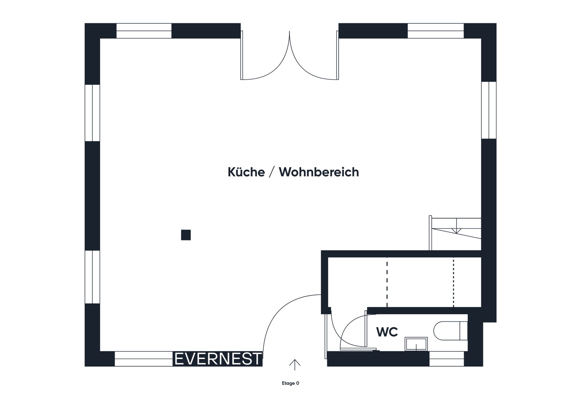 Grundriss mit großem Wohn- und Küchenbereich sowie separatem WC.