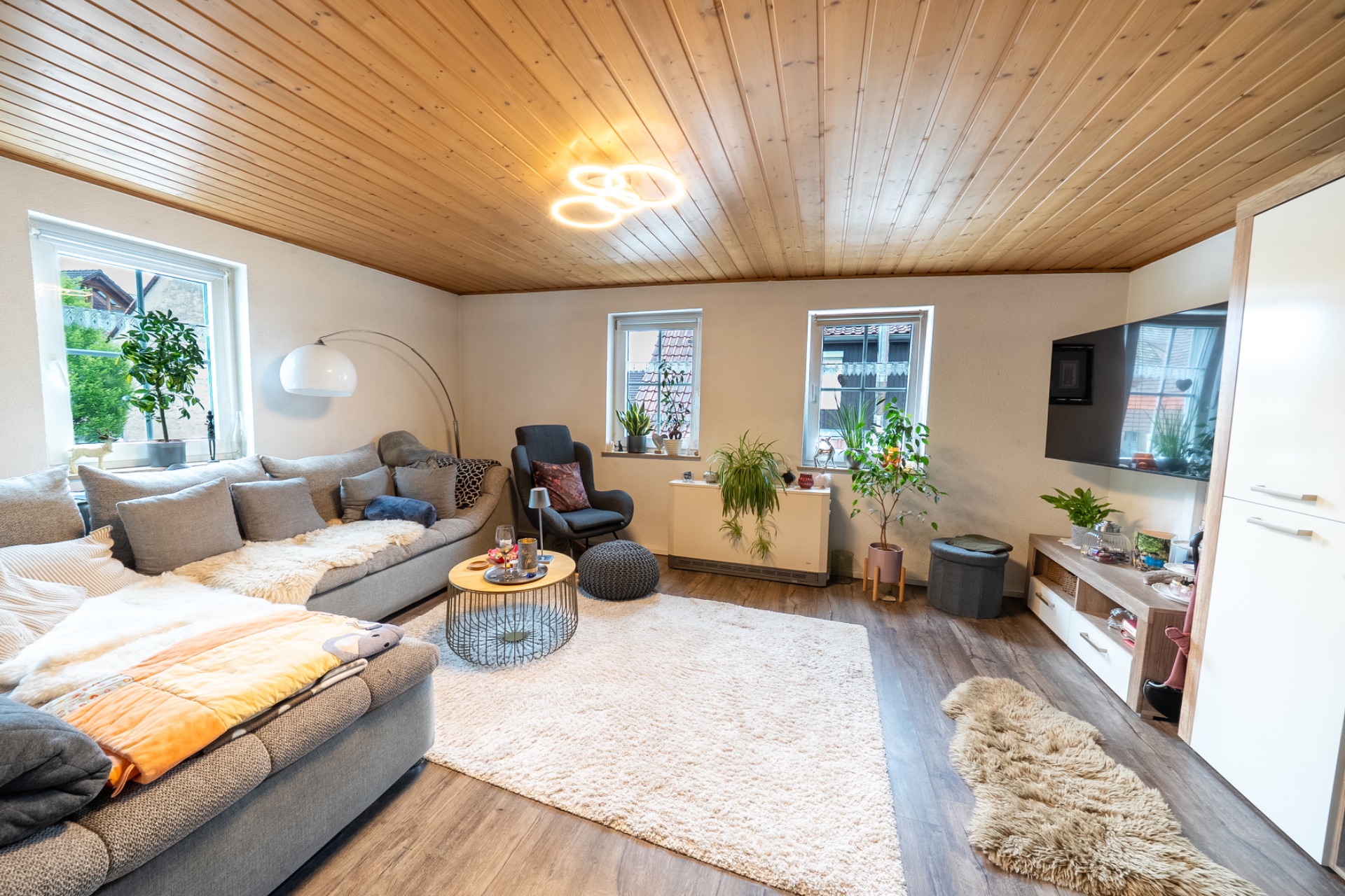 Helles Wohnzimmer mit großem Sofa, Teppich, Sessel, Pflanzen und Fernseher an einer Holzwanddecke.