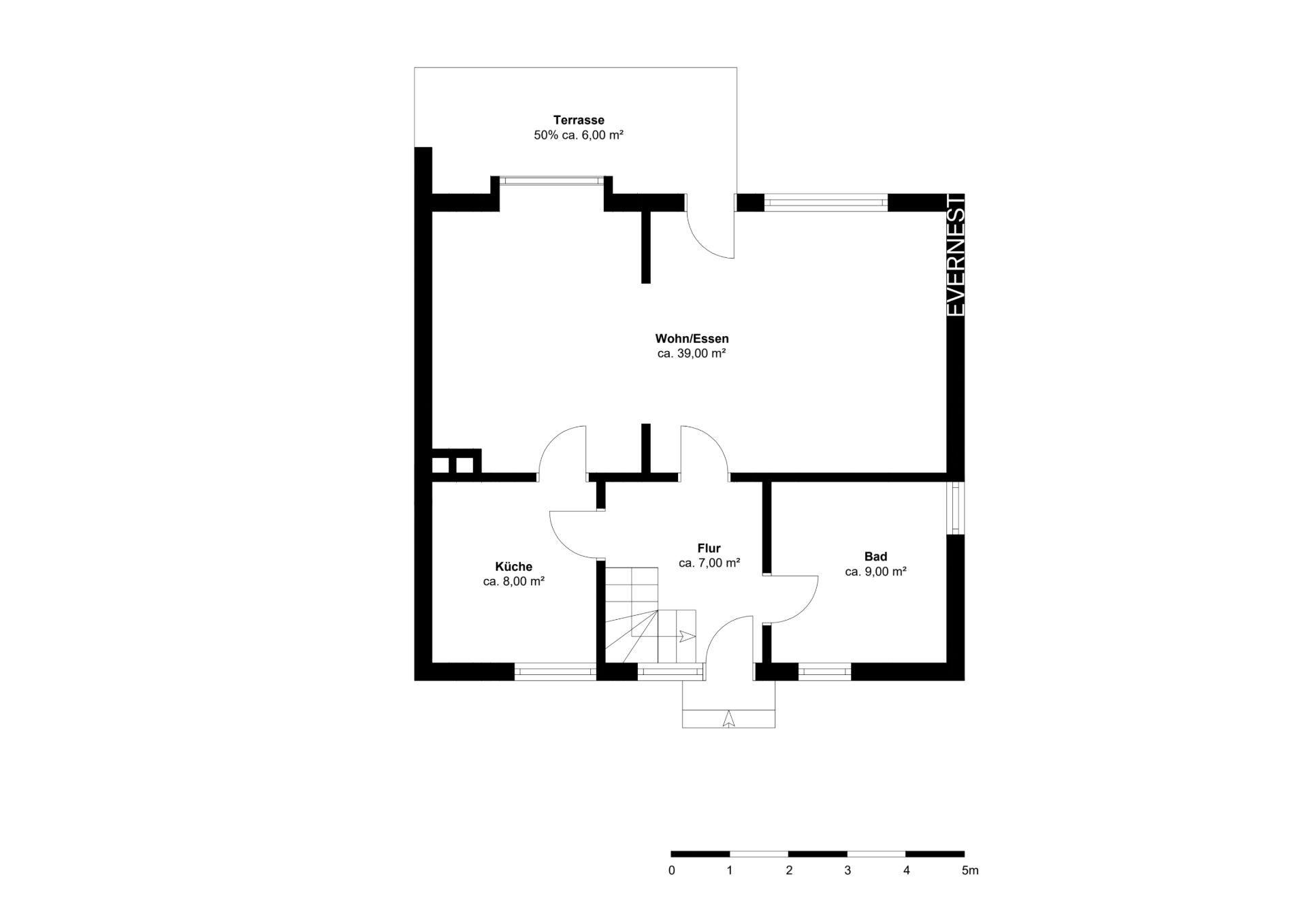 Grundriss mit Terrasse, Wohn-/Esszimmer, Küche, Flur und Bad, jeweils mit Flächenangaben.