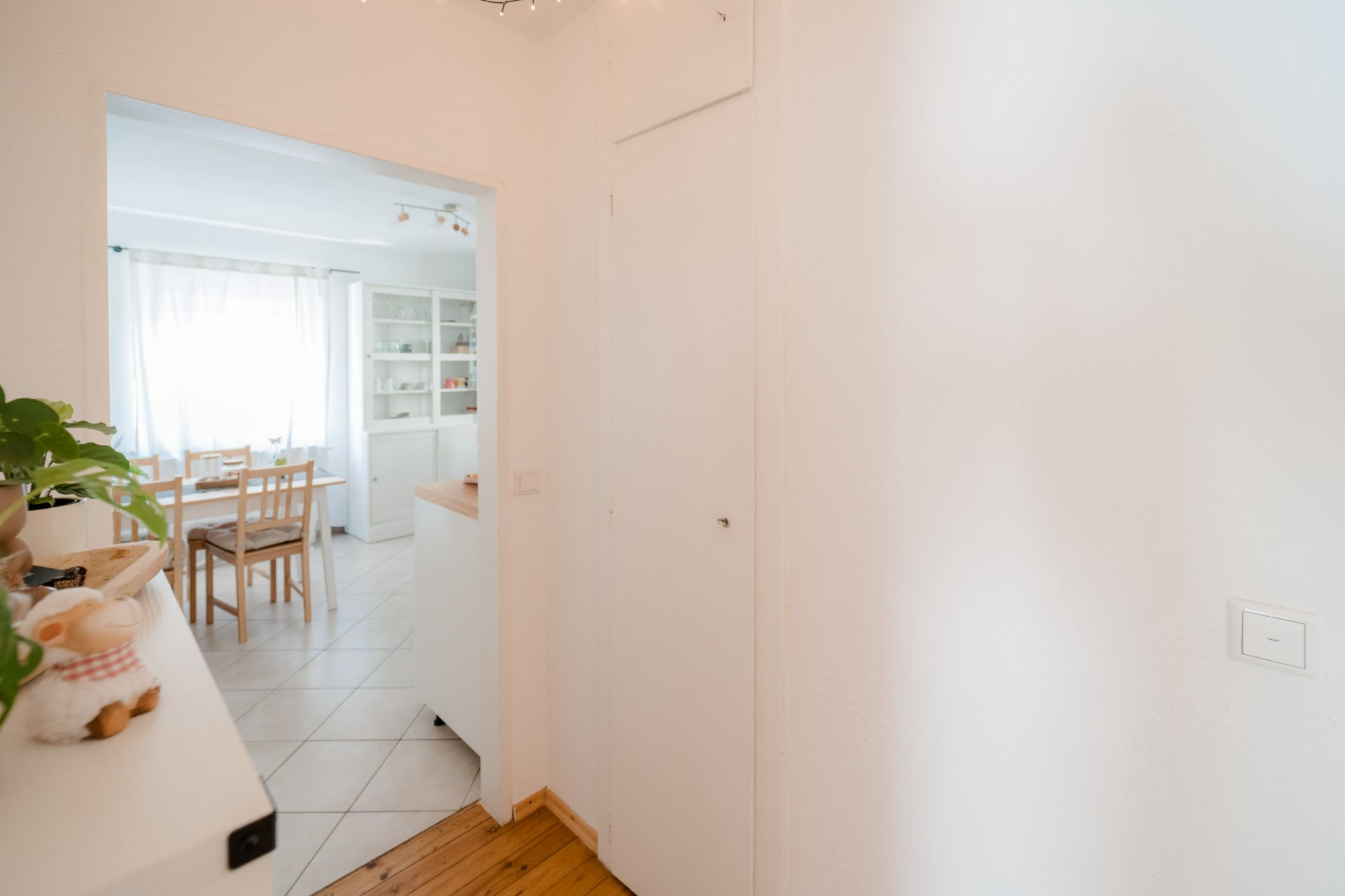 Heller Flur mit Blick in ein Esszimmer mit Holztisch und Stühlen, Pflanzen und Regalen.