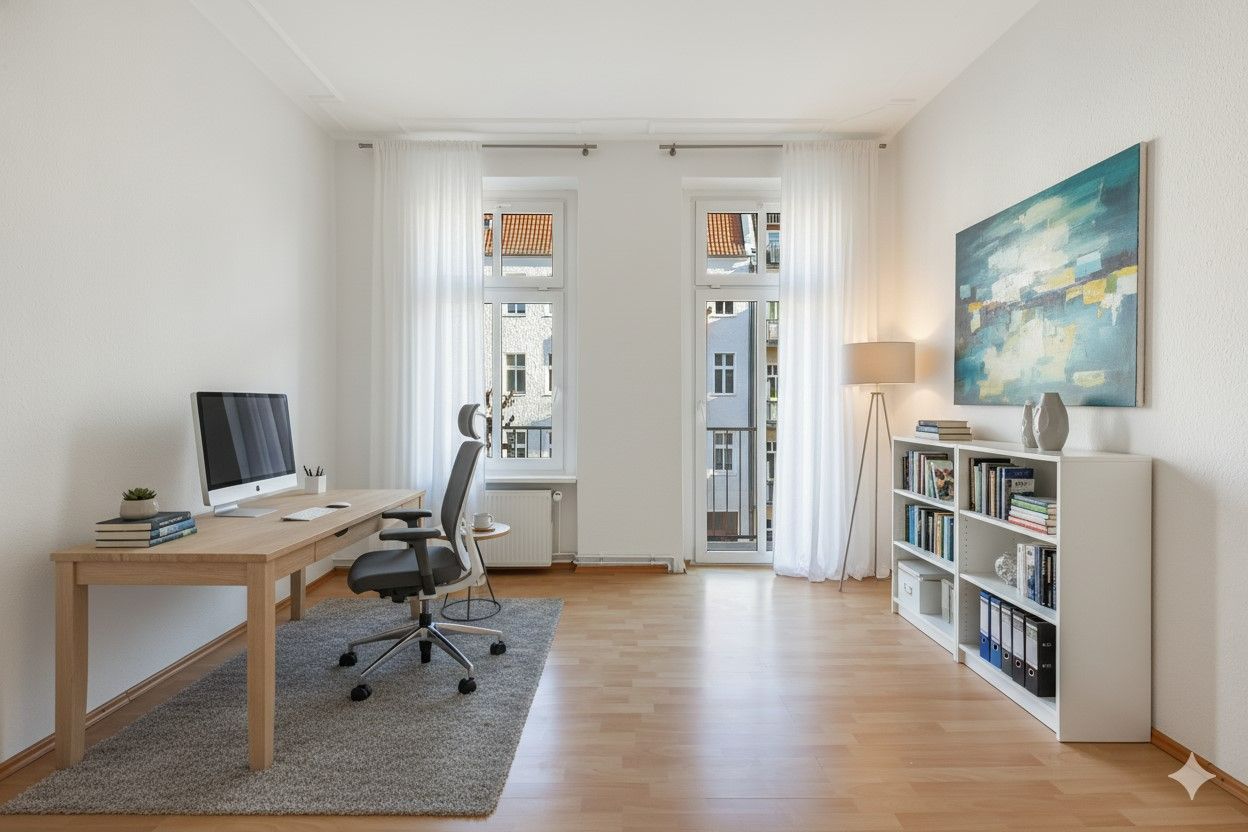 Helles Arbeitszimmer mit Schreibtisch, Stuhl, Bücherregal und großem Fenster.
