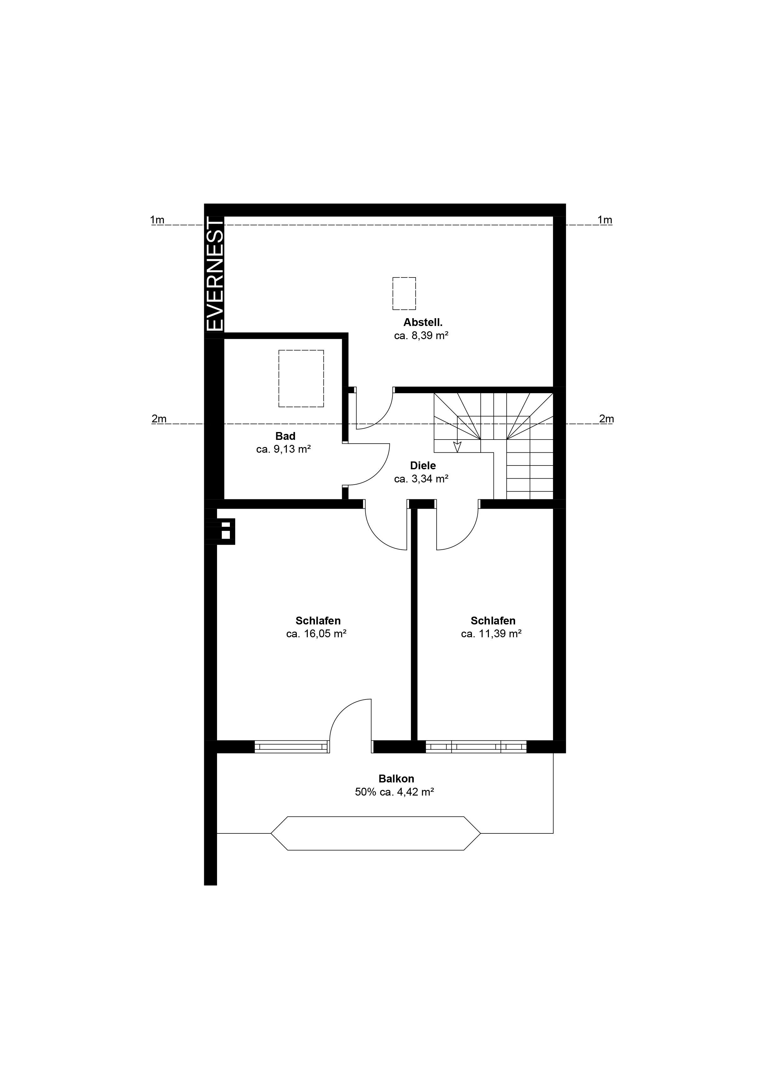 Grundriss mit zwei Schlafzimmern, Bad, Abstellraum, Diele und Balkon.