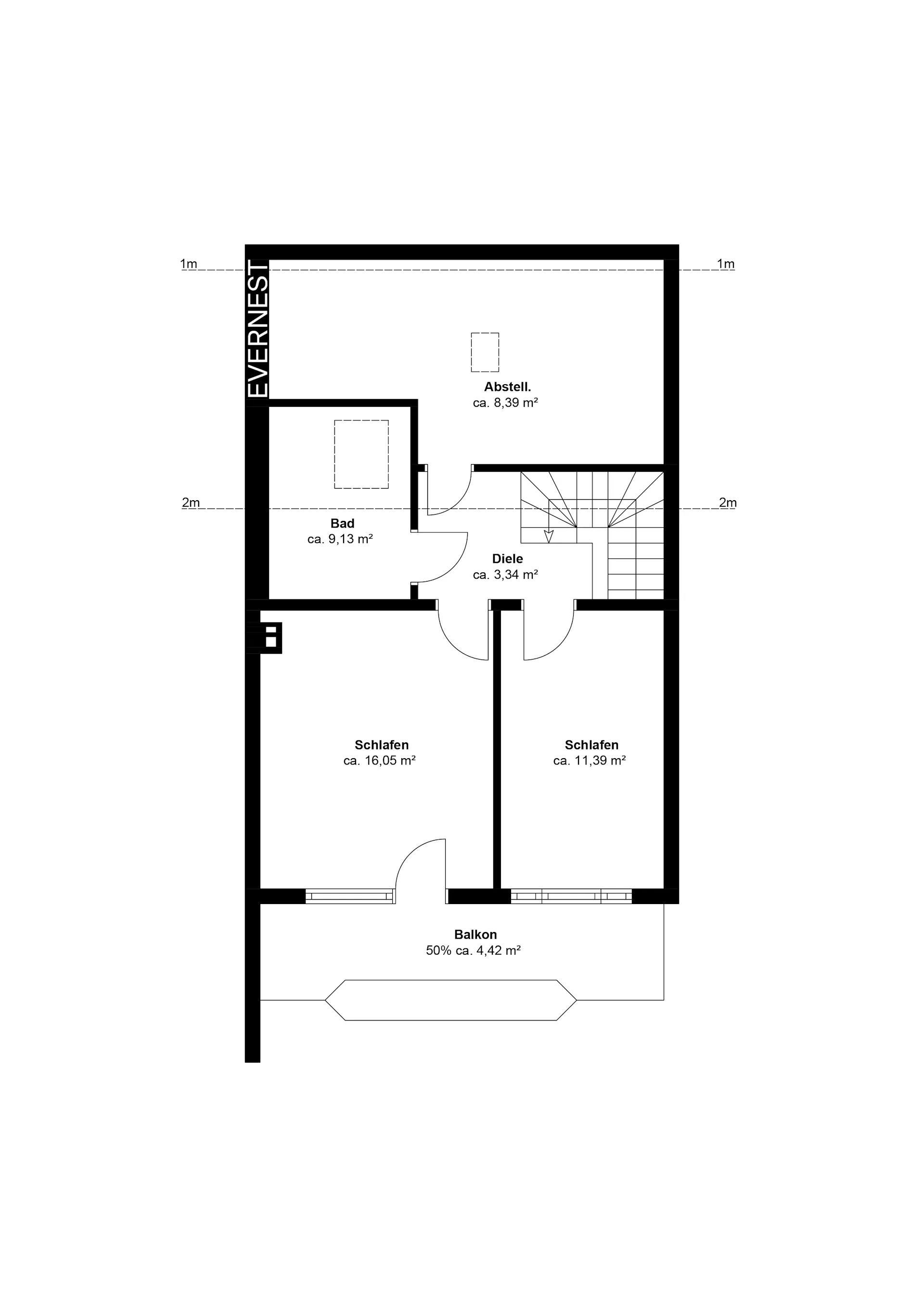 Grundriss mit zwei Schlafzimmern, Bad, Abstellraum, Diele und Balkon.