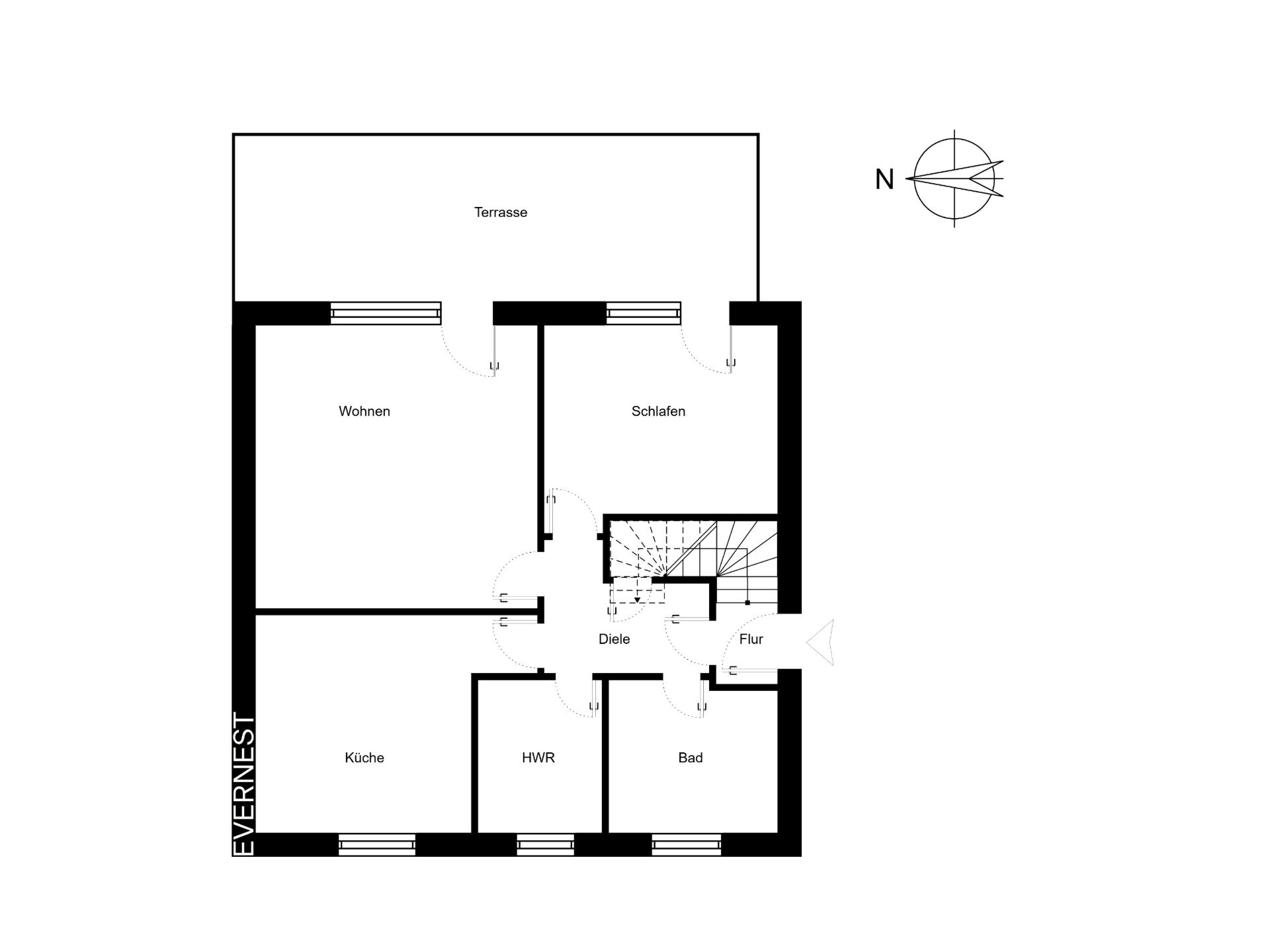 Grundriss einer Wohnung mit Wohnzimmer, Schlafzimmer, Küche, Bad, HWR und Terrasse.