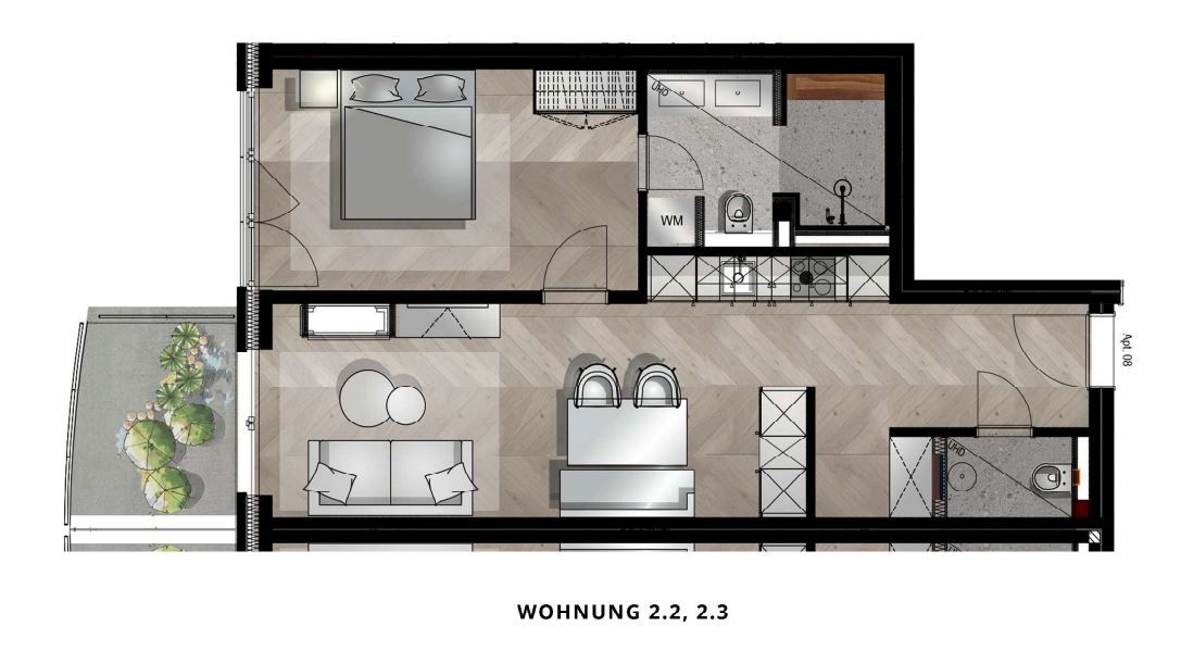 Grundriss einer Wohnung mit Schlafzimmer, Wohnzimmer, Küche, Bad und Balkon.