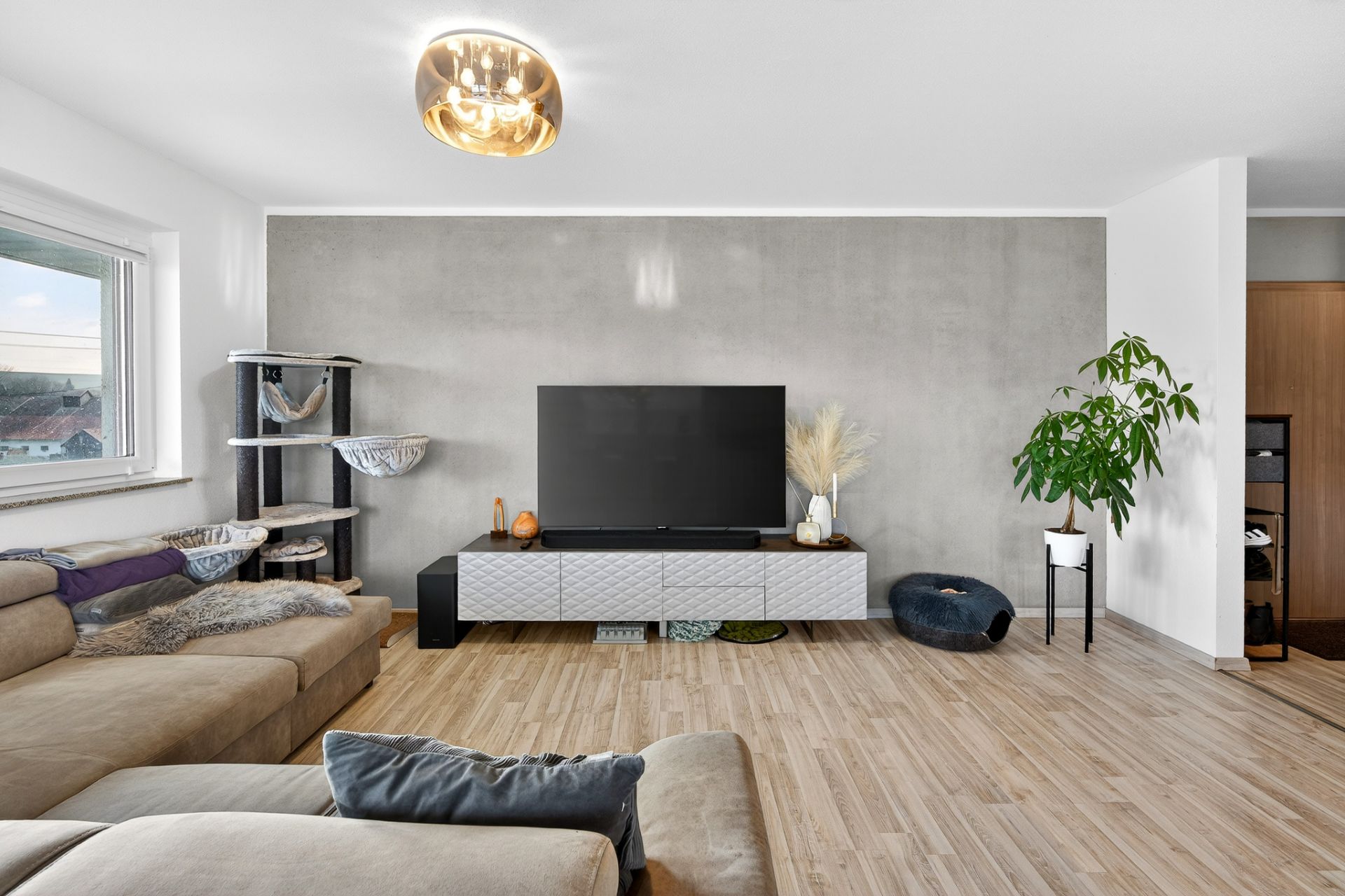 Modernes Wohnzimmer mit großem Fernseher, Ecksofa, Kratzbaum und Zimmerpflanze auf Holzfußboden.