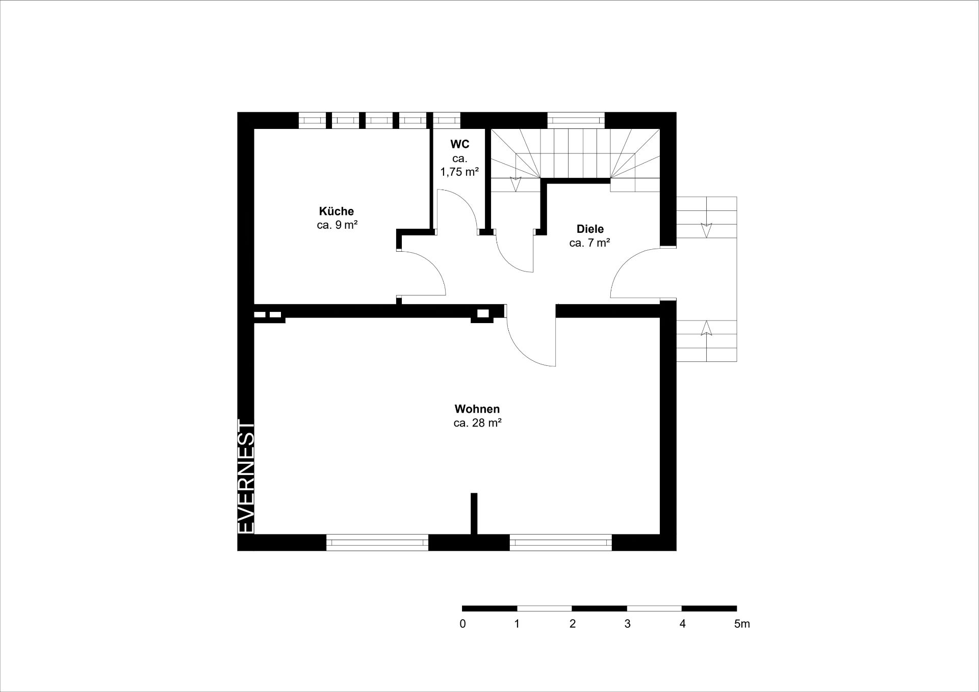 Grundriss mit Wohn-, Küchen-, Flur- und WC-Bereich, Flächenangaben in Quadratmetern.