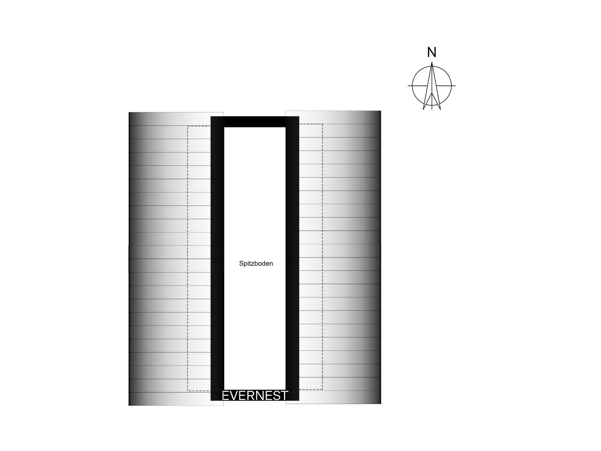 Grundriss eines Spitzbodens mit rechteckigem Grundriss und Nordpfeil.