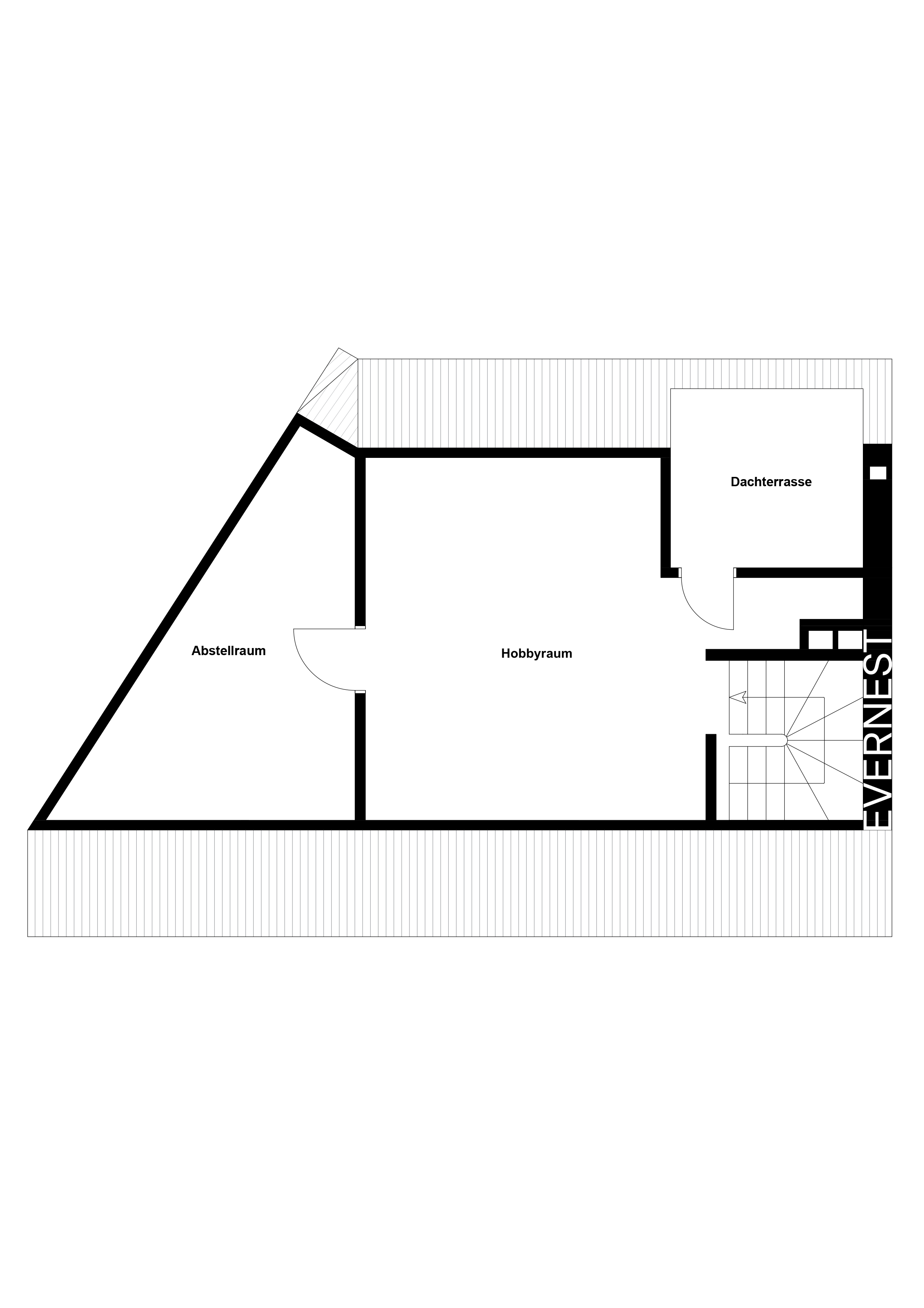 Grundriss mit Abstellraum, Hobbyraum, Dachterrasse und Treppenhaus.