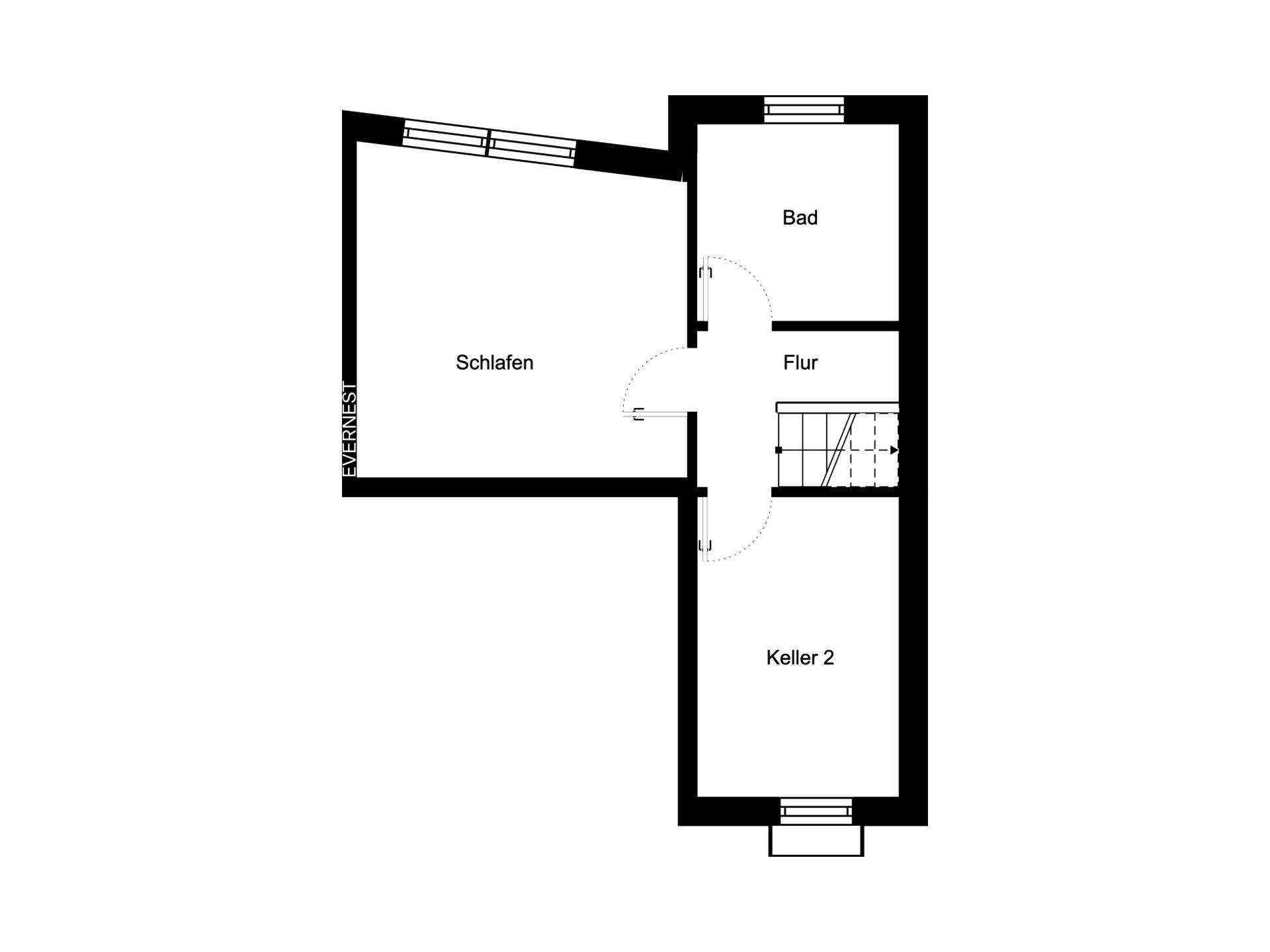 Grundriss mit Schlafzimmer, Bad, Flur und Kellerraum.