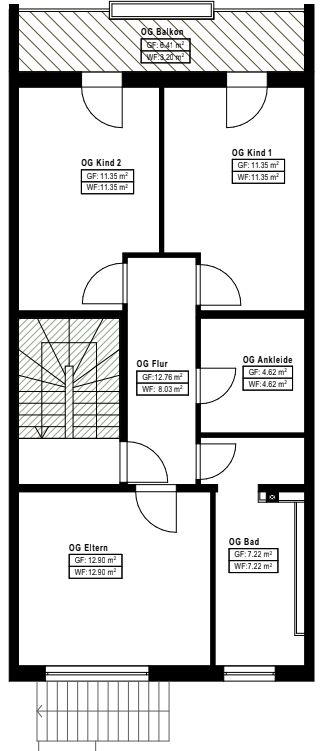 Grundriss eines Obergeschosses mit drei Zimmern, Flur, Ankleide, Bad und Balkon.