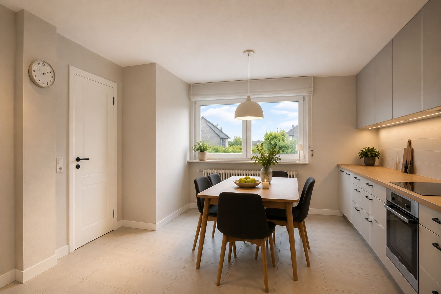 Helle Küche mit Esstisch, vier Stühlen, großem Fenster und modernen Einbauschränken.