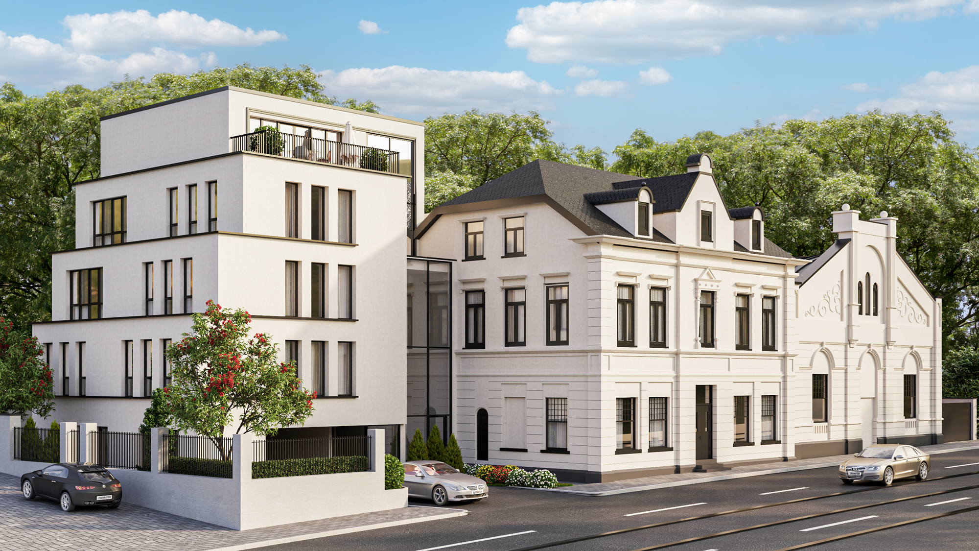 Zwei moderne Wohngebäude mit großen Fenstern, davor Bäume und parkende Autos auf der Straße.