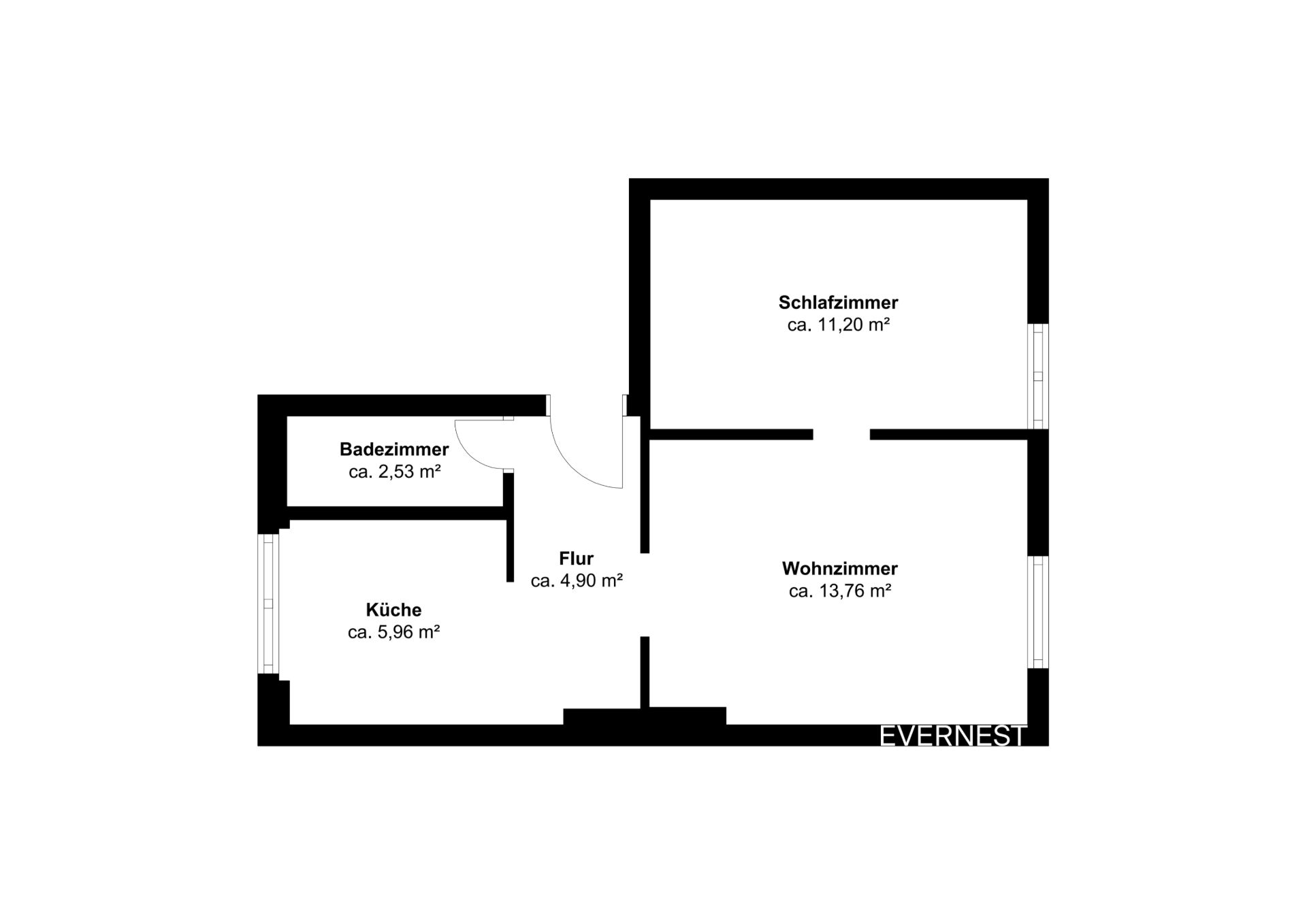 Grundriss mit Wohnzimmer, Schlafzimmer, Küche, Badezimmer und Flur sowie Flächenangaben.