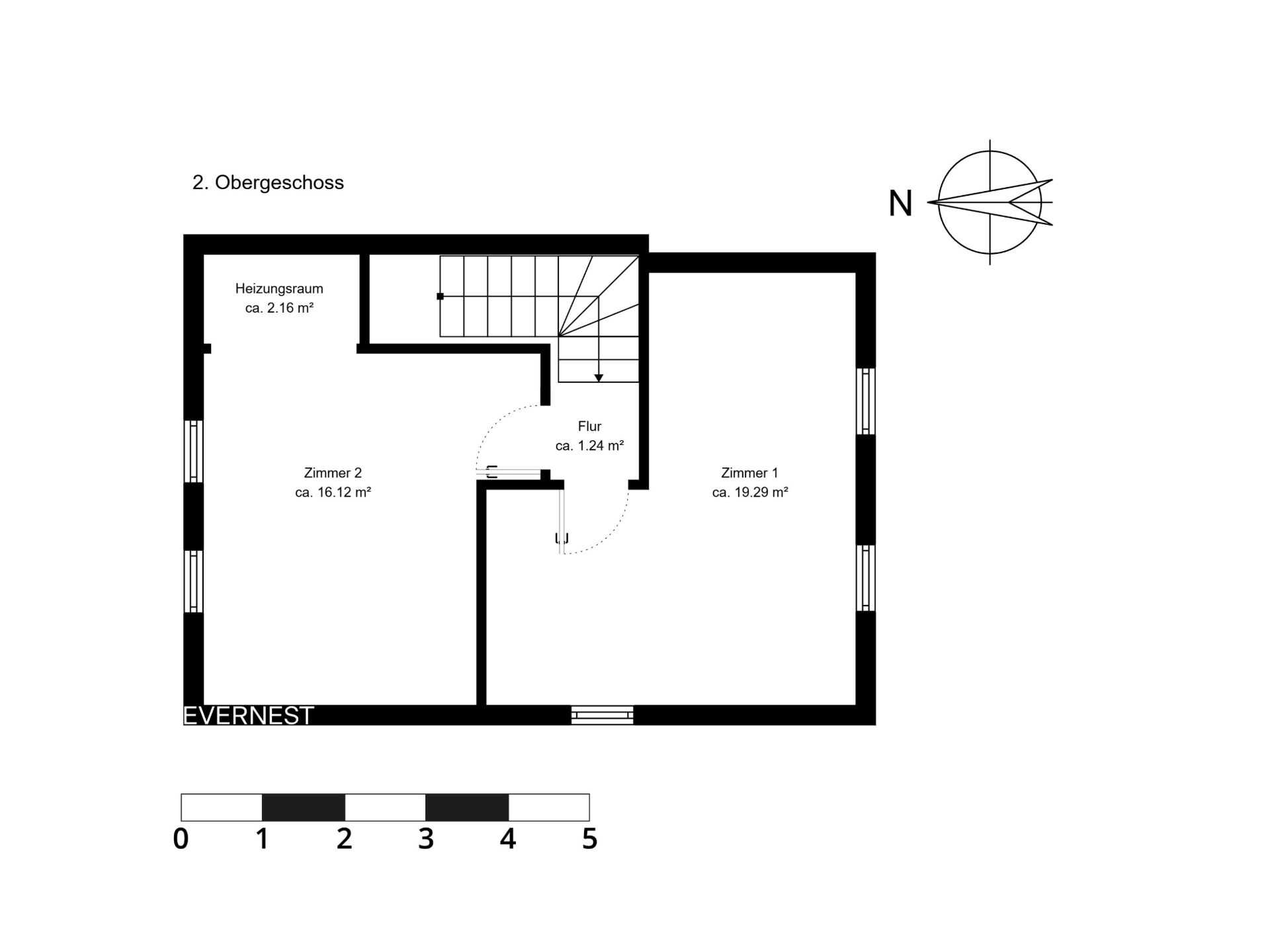 Grundriss des zweiten Obergeschosses mit zwei Zimmern, Flur und Heizungsraum.