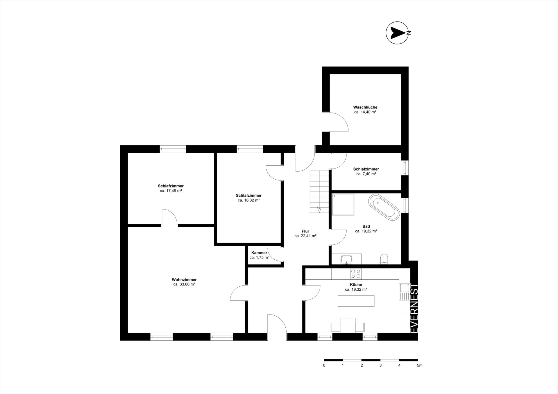 Grundriss einer Wohnung mit Wohnzimmer, Schlafzimmer, Küche, Bad und Waschküche.