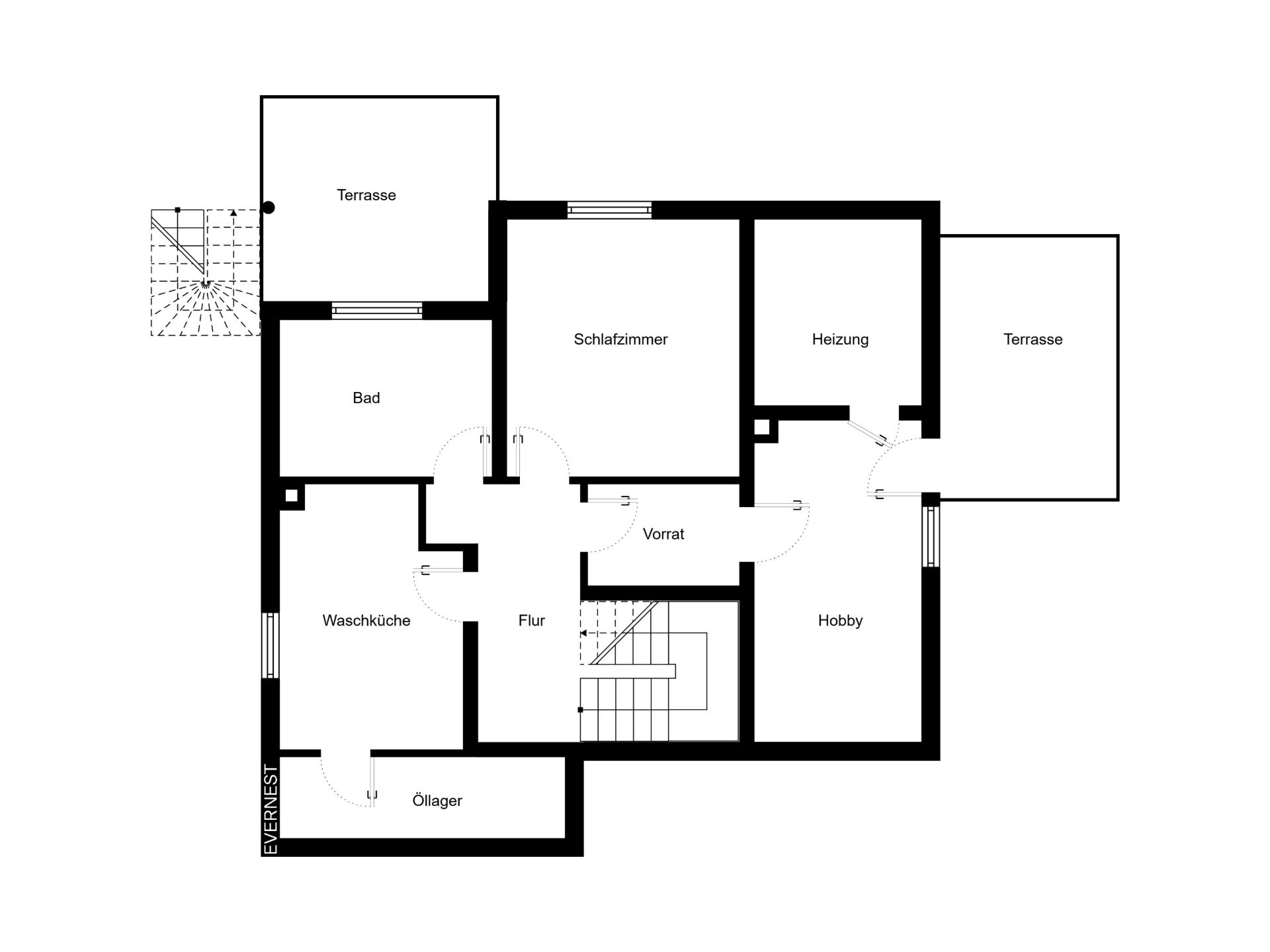 Grundriss eines Hauses mit Schlafzimmer, Bad, Waschküche, Öllager, Vorrat, Hobbyraum und zwei Terrassen.
