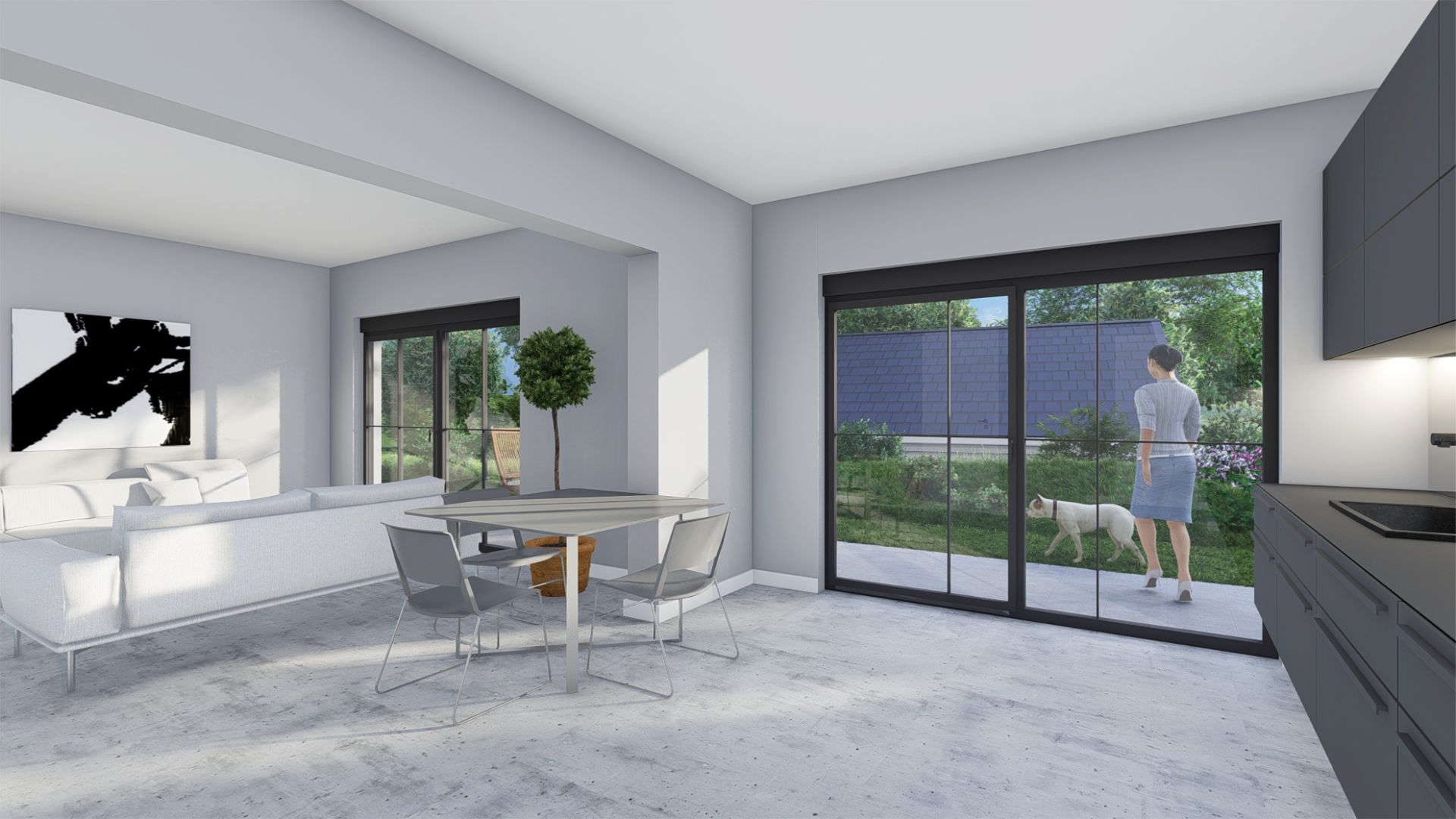 Helles Wohnzimmer mit Esstisch, Sofa, Küchenzeile und Blick durch große Fenster auf Garten mit Person und Hund.