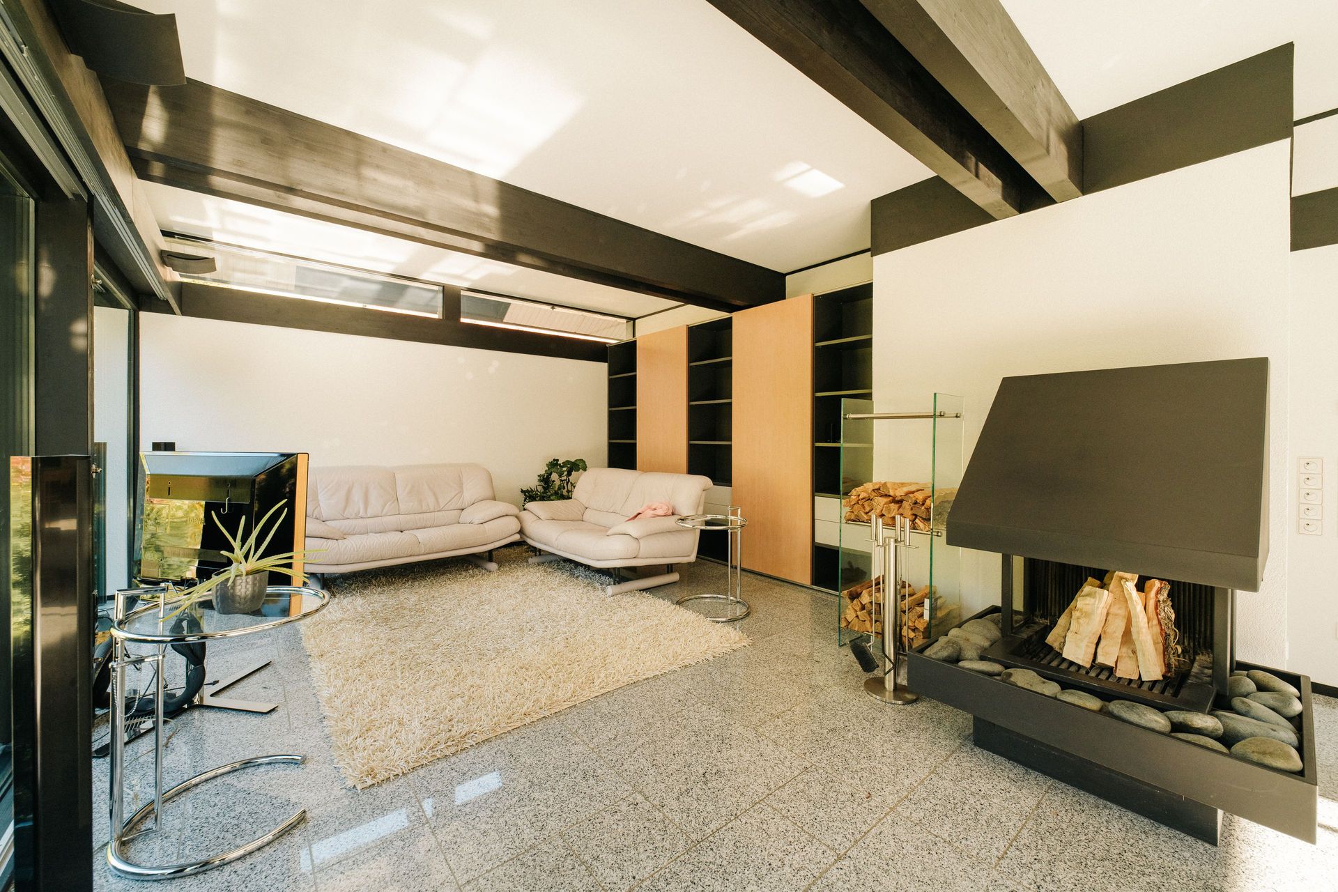Modernes Wohnzimmer mit zwei Sofas, Teppich, Kamin und großen Fenstern.