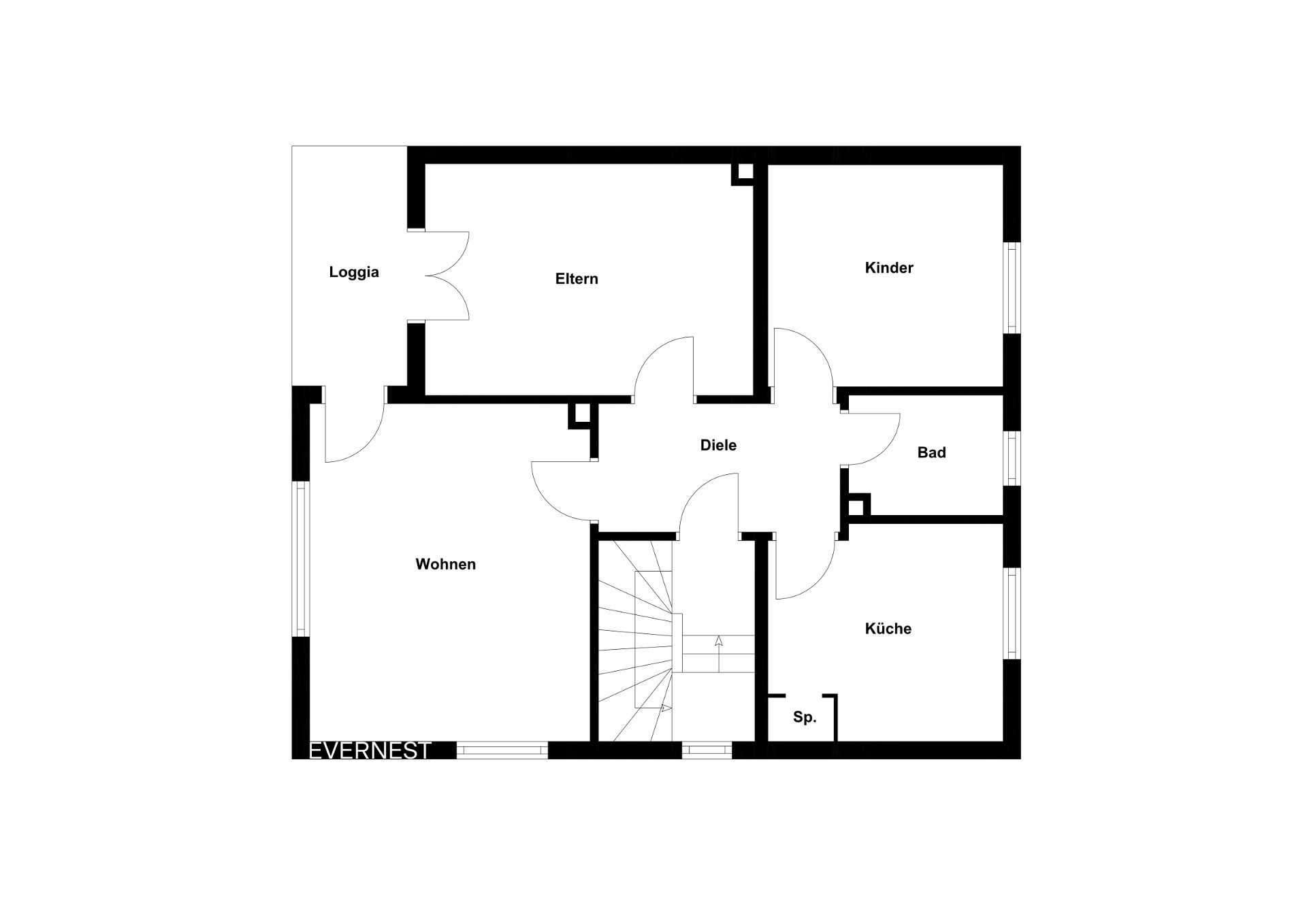 Grundriss einer Wohnung mit Wohnzimmer, Schlafzimmer, Kinderzimmer, Küche, Bad und Loggia.
