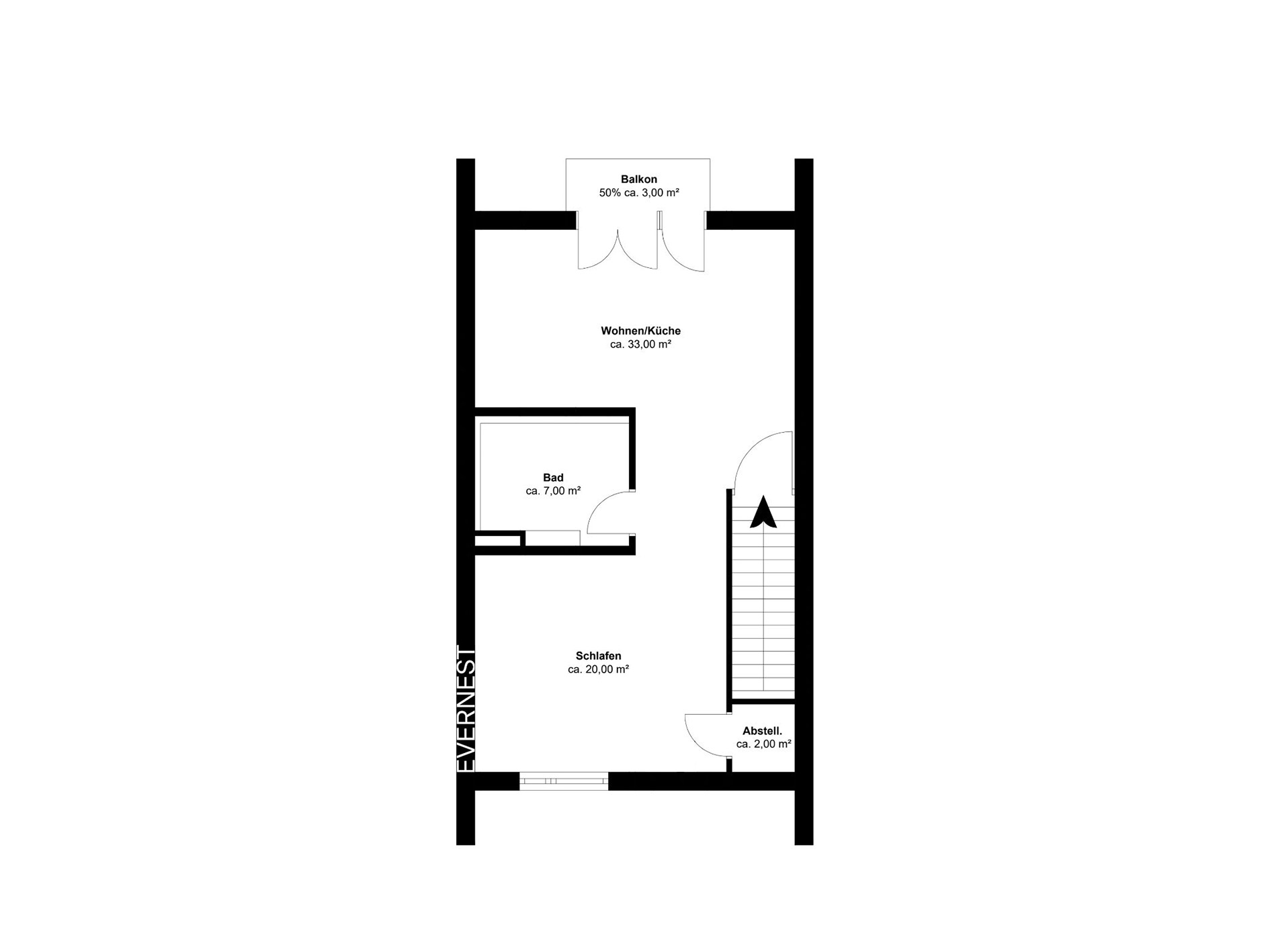 Grundriss mit Schlafzimmer, Bad, Wohnküche, Abstellraum, Treppe und Balkon.