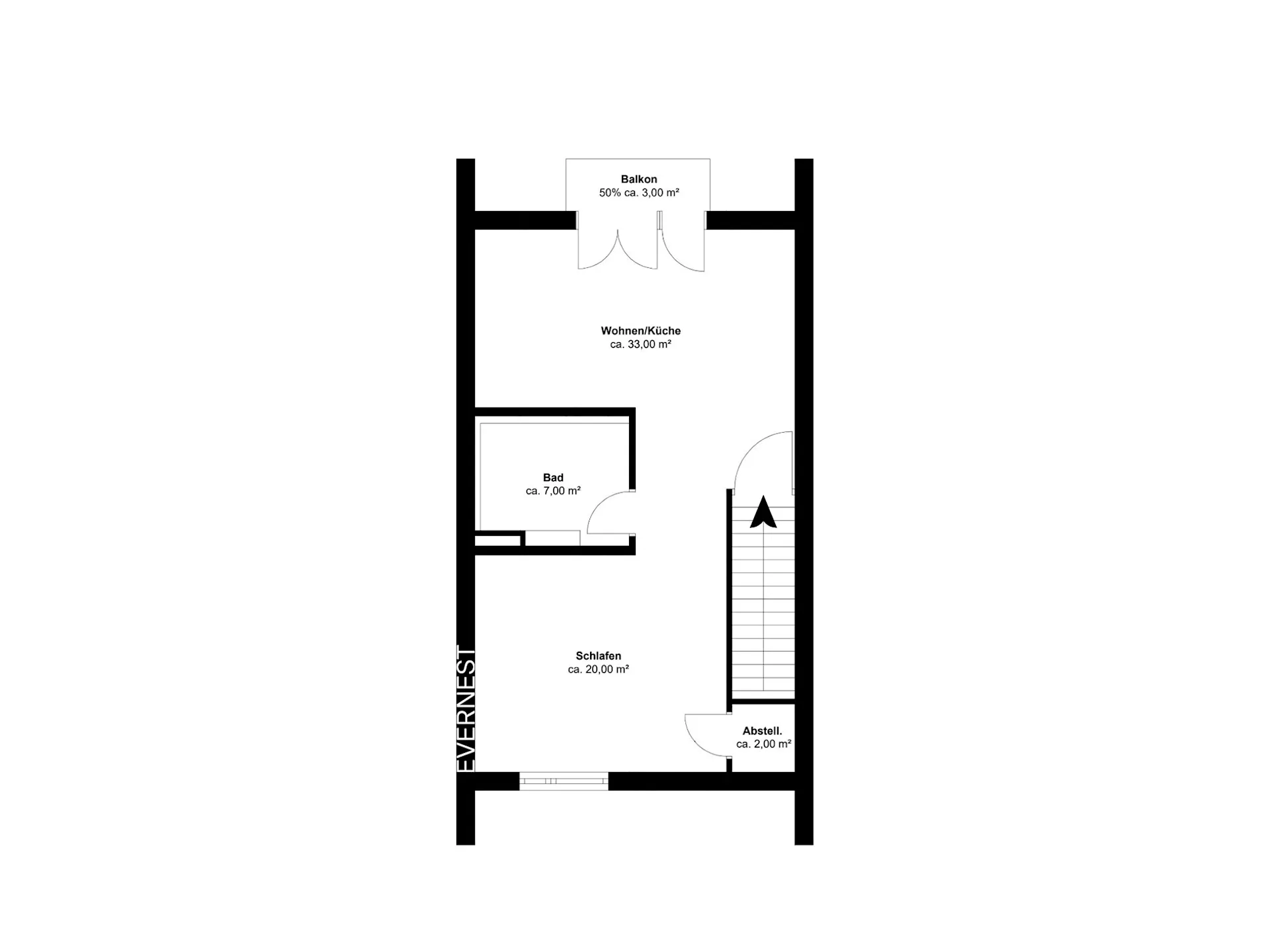 Grundriss mit Schlafzimmer, Bad, Wohnküche, Abstellraum, Treppe und Balkon.