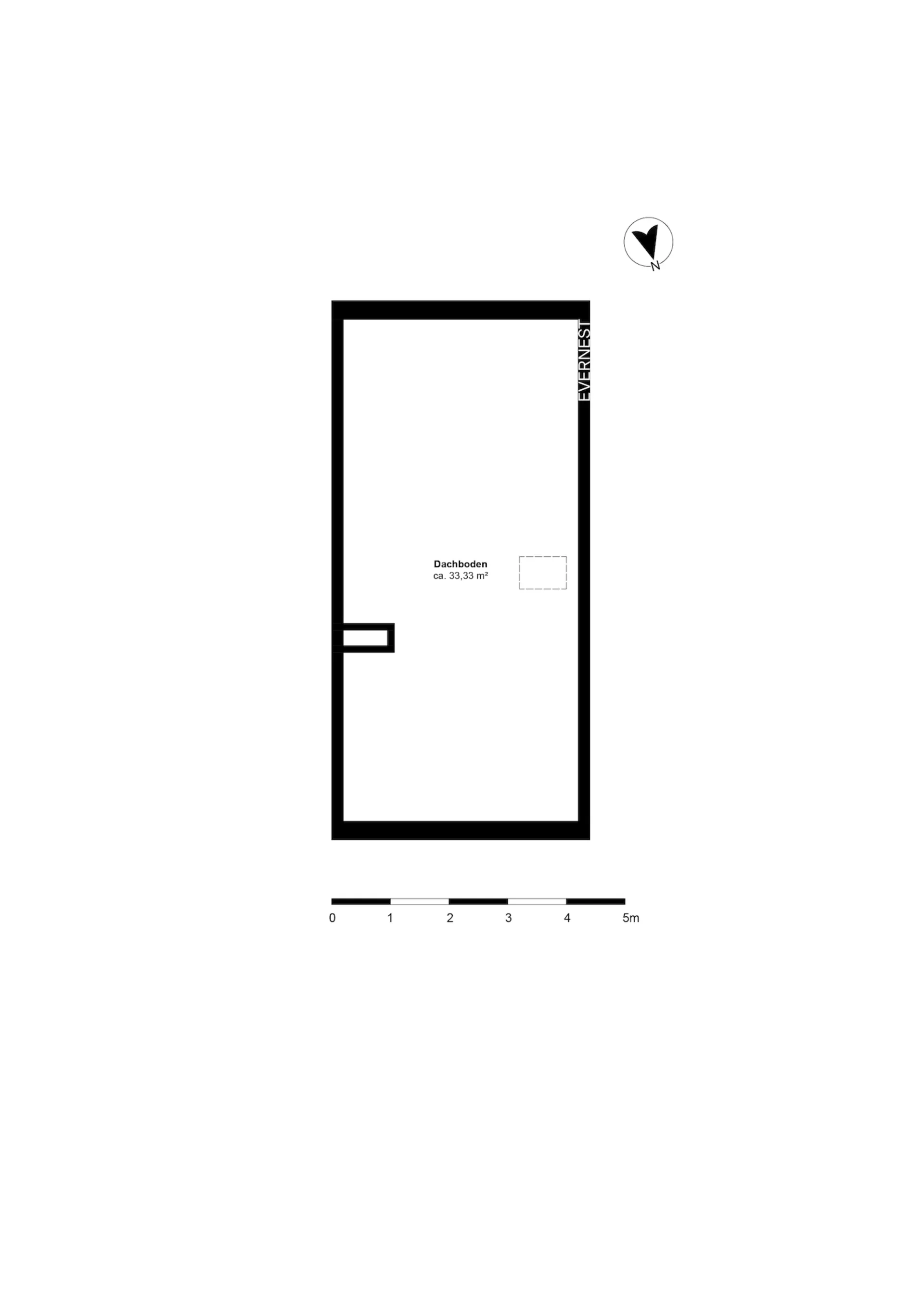 Grundriss eines Dachbodens mit etwa 33,33 m² Fläche und einer Türöffnung.
