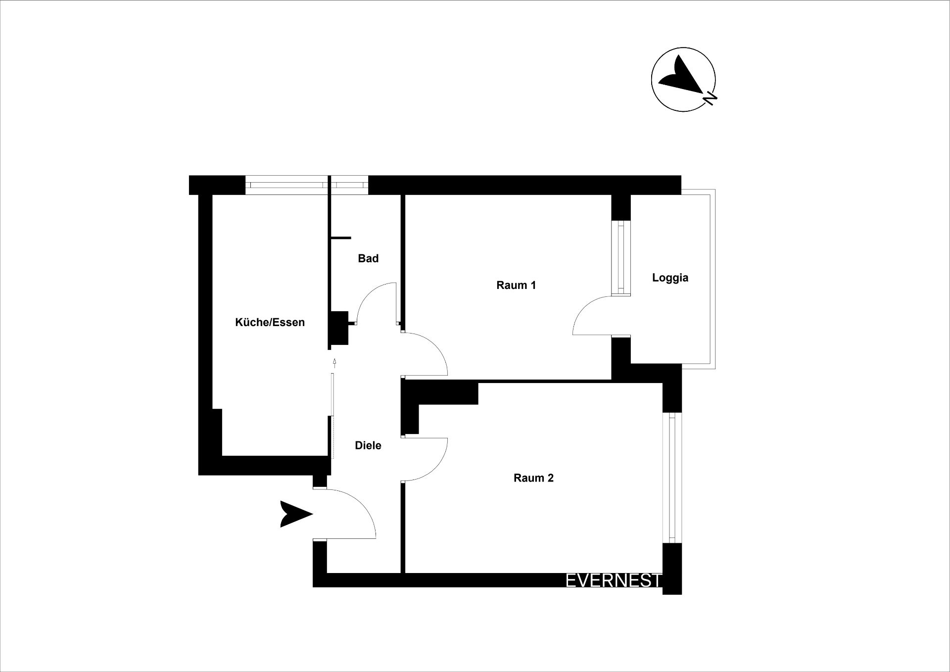 Grundriss einer Wohnung mit Küche, Bad, Diele, zwei Räumen und einer Loggia.
