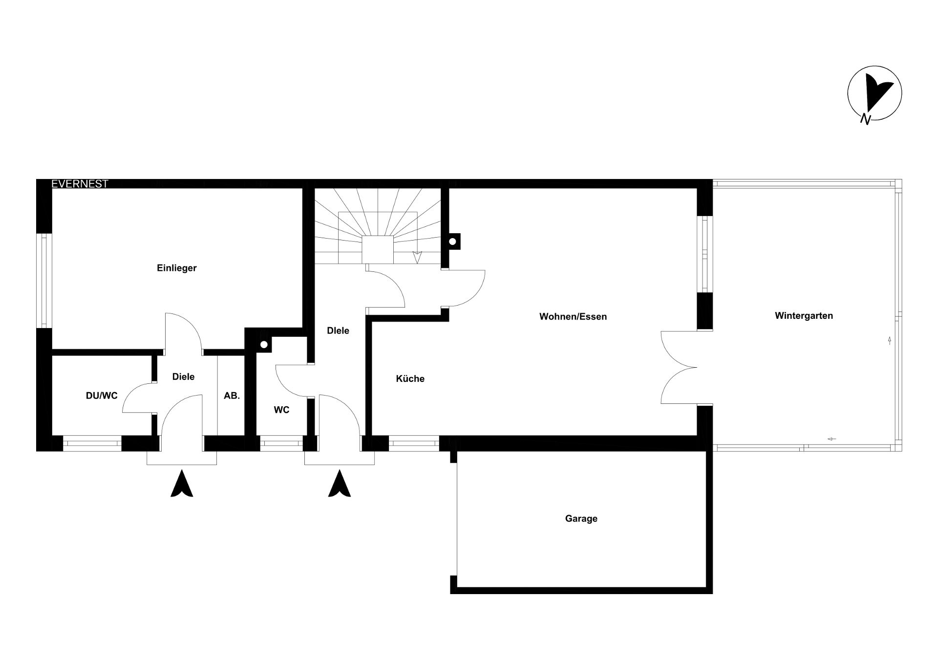 Grundriss eines Hauses mit Garage, Wintergarten, Wohnbereich, Küche, Einliegerwohnung und Bädern.