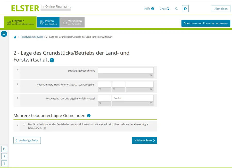 Grundsteuererklärung Elster_Lage des Grundstücks