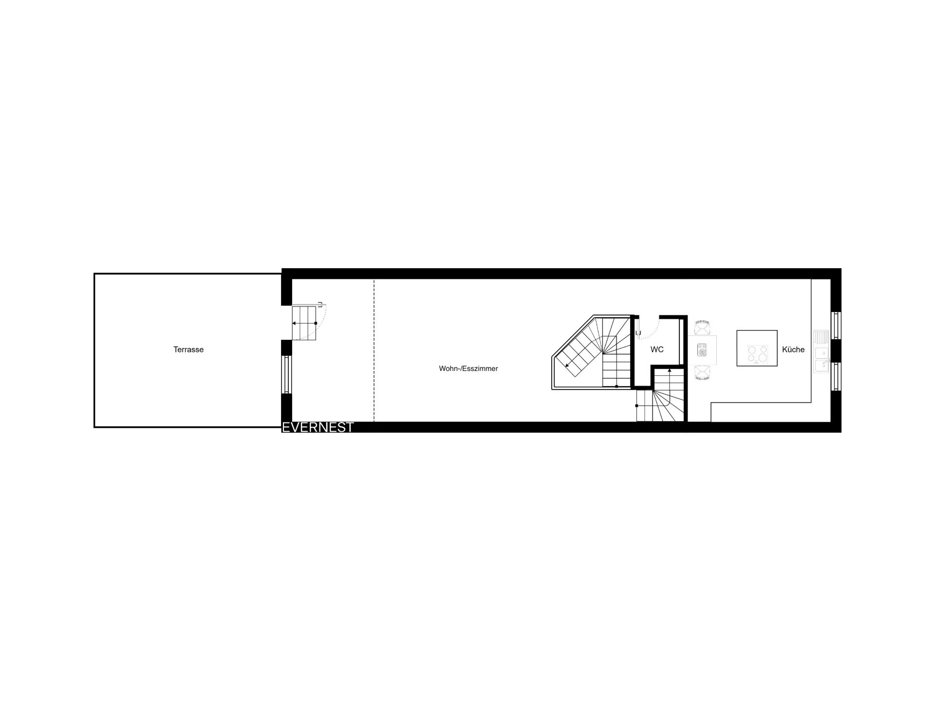 Grundriss mit Terrasse, Wohn-Esszimmer, Treppe, WC und Küche.