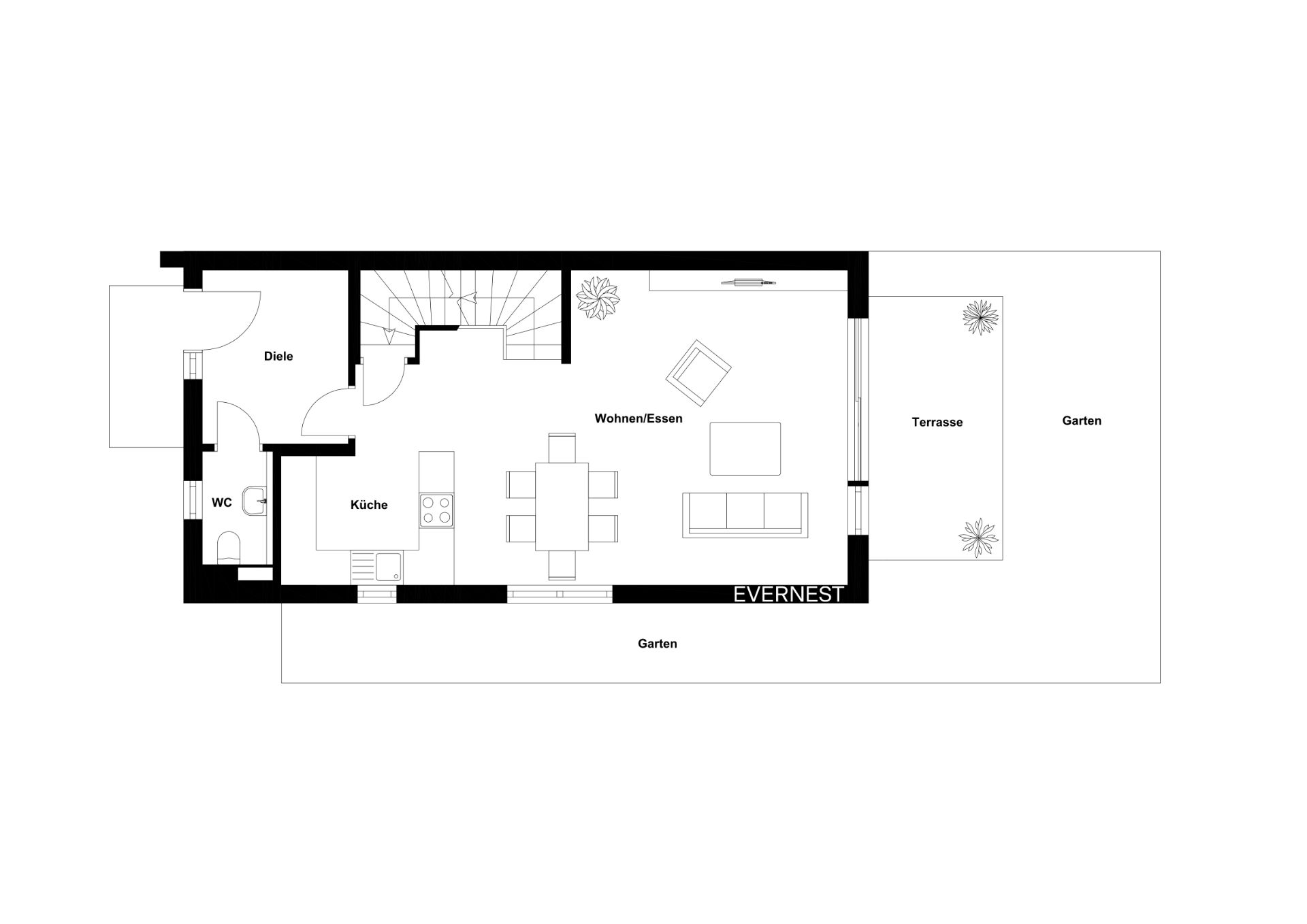Grundriss einer Wohnung mit Küche, WC, Diele, Wohn-Essbereich, Terrasse und Garten.