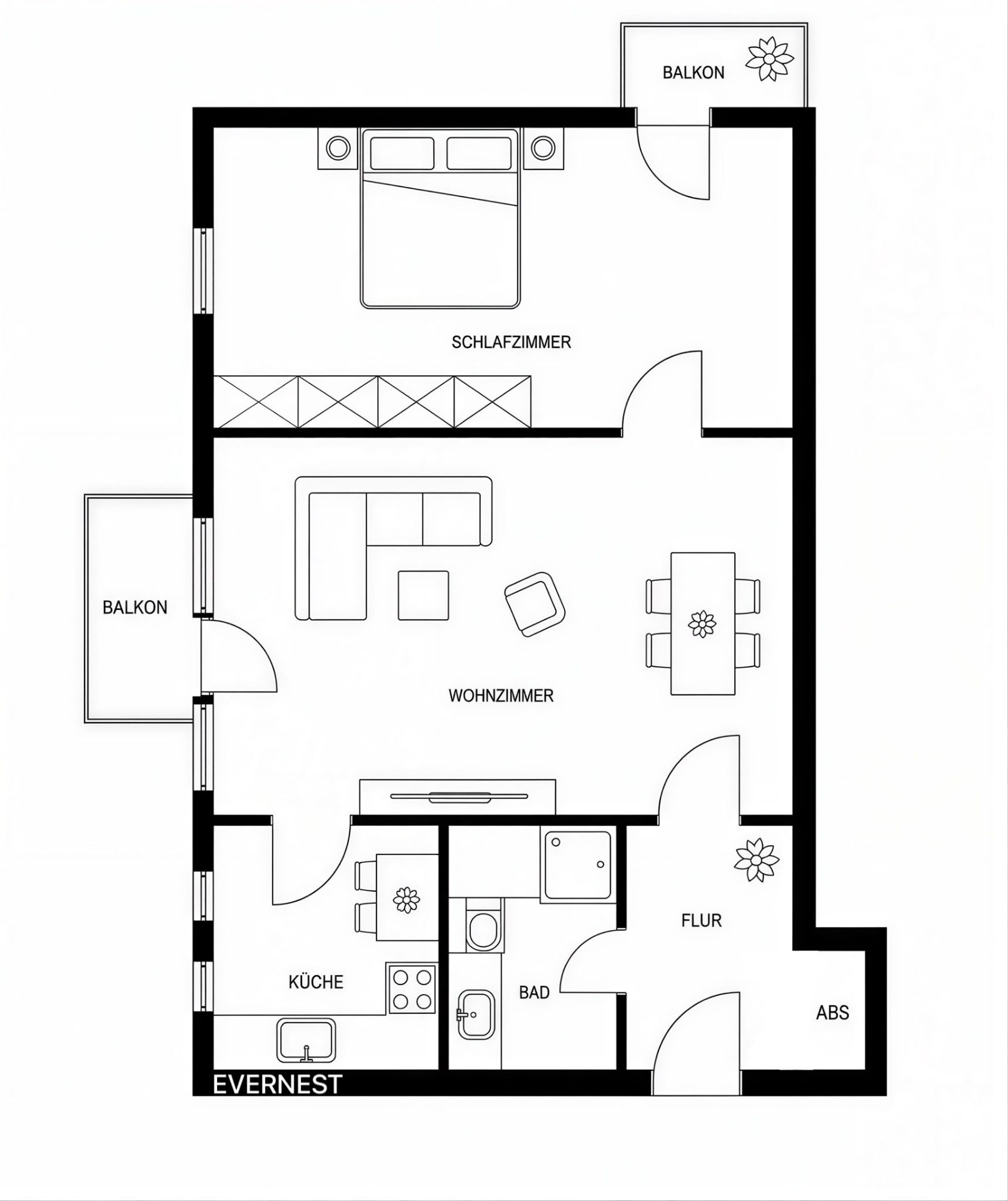 Grundriss einer Wohnung mit Schlafzimmer, Wohnzimmer, Küche, Bad, Flur und zwei Balkonen.