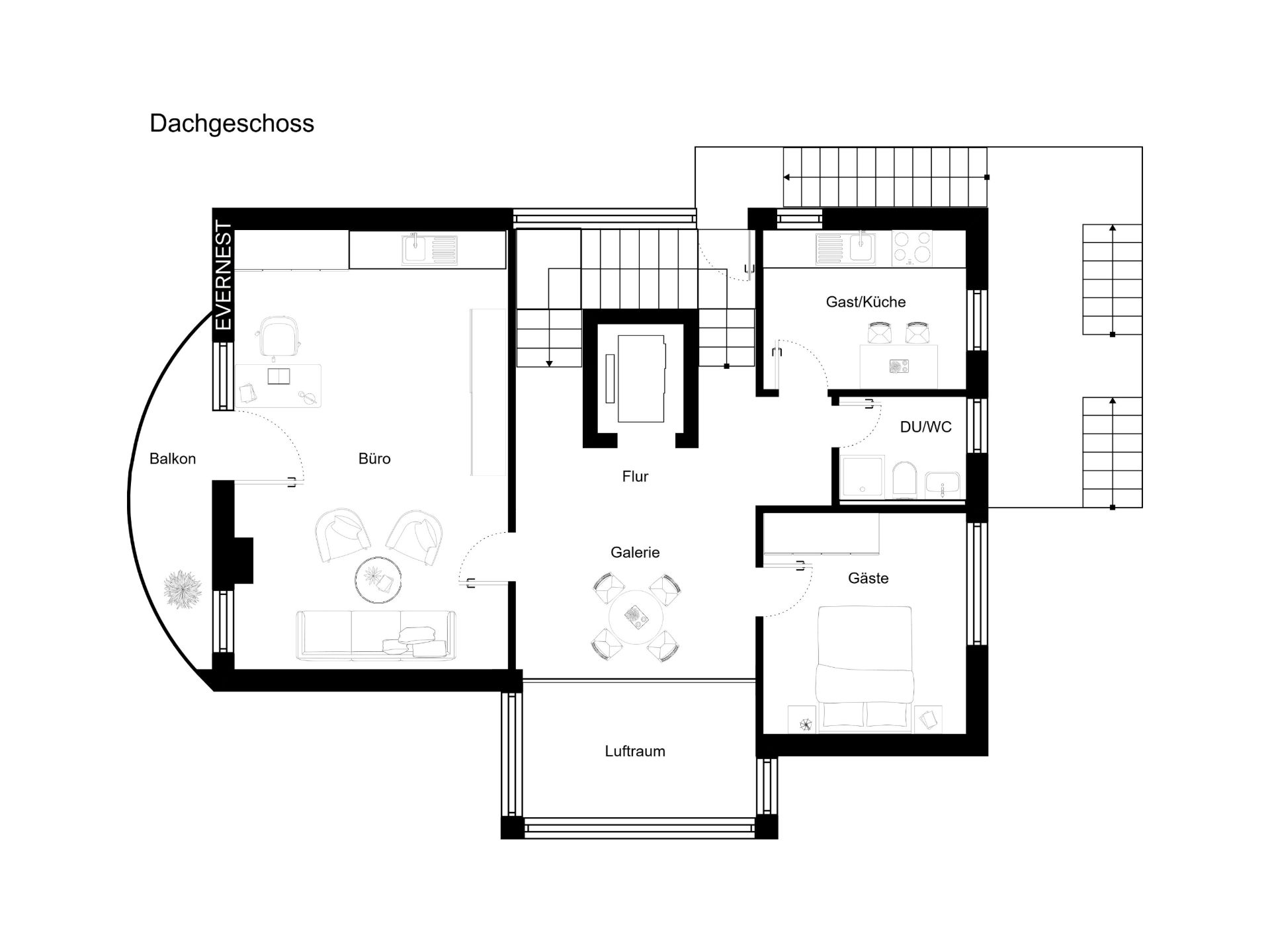 Grundriss eines Dachgeschosses mit Büro, Balkon, Gästezimmer, Küche, Galerie und Bad.