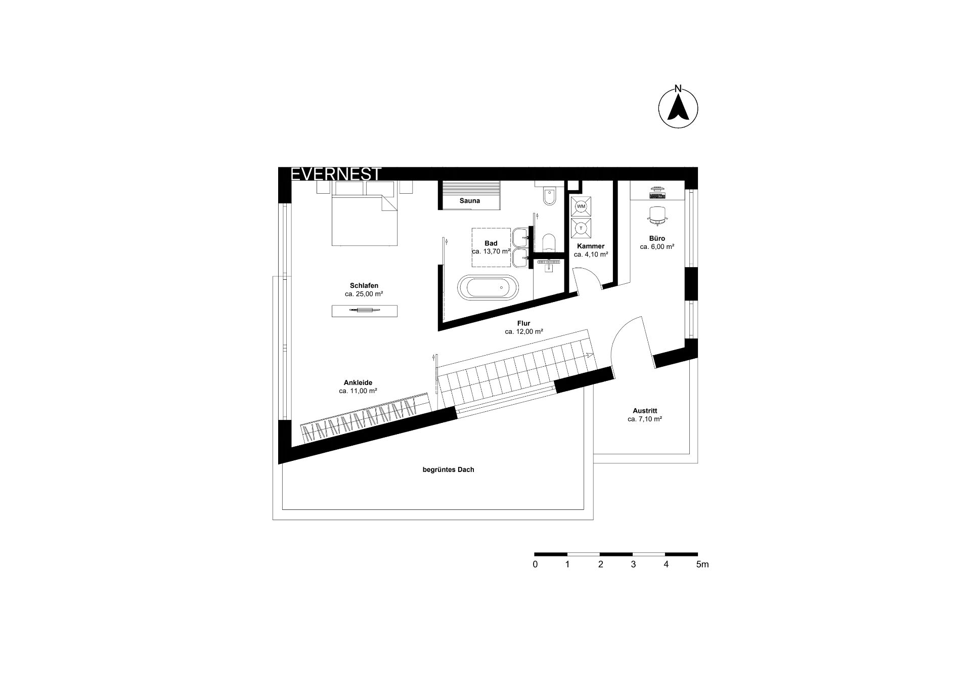 Grundriss mit Schlafzimmer, Ankleide, Bad, Sauna, Büro, Kammer, Flur und Austritt.